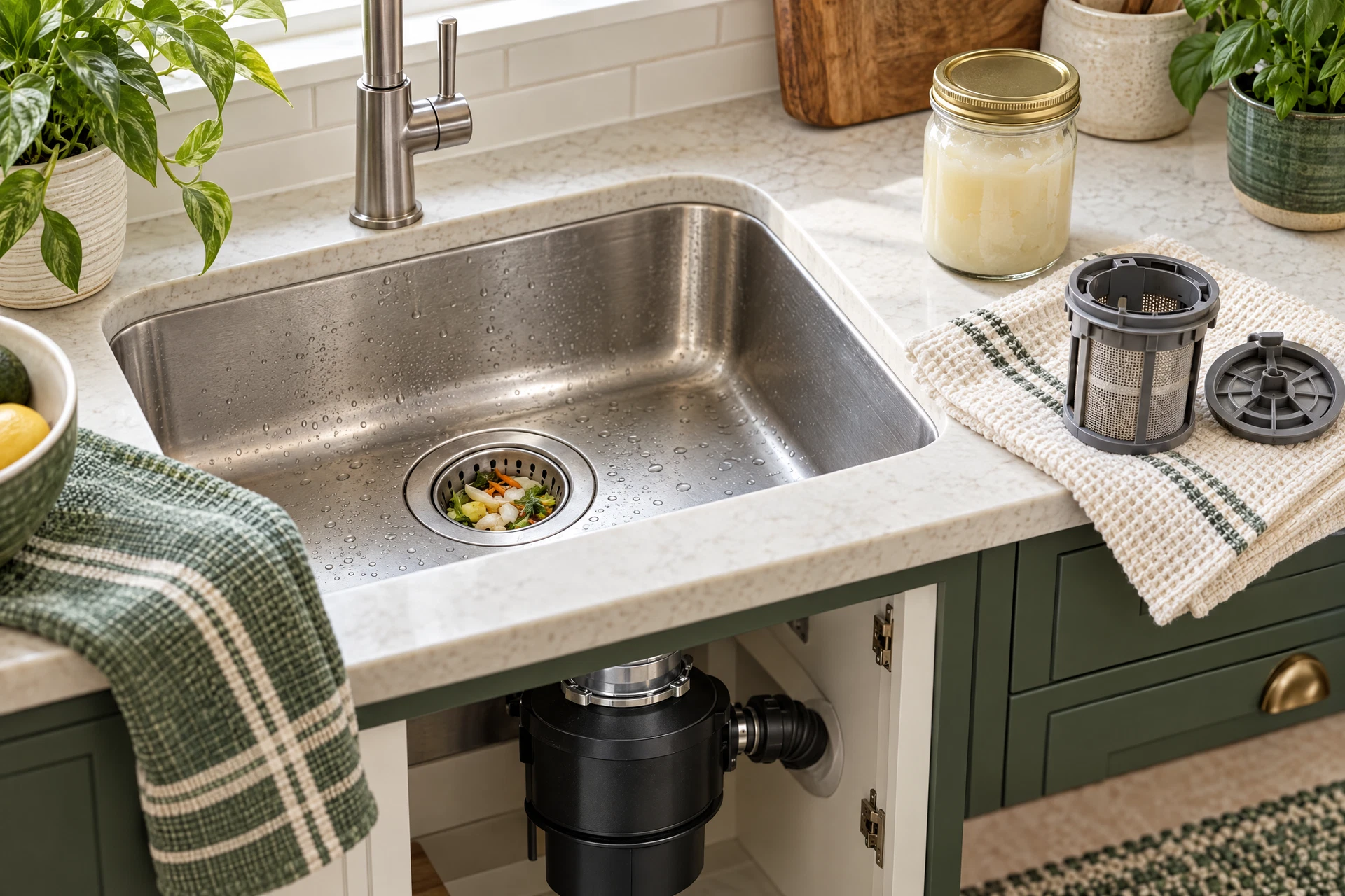 Photorealistic kitchen sink maintenance scene with a drain strainer, dishwasher filter, and jar of cooled grease illustrating safe kitchen drain habits.