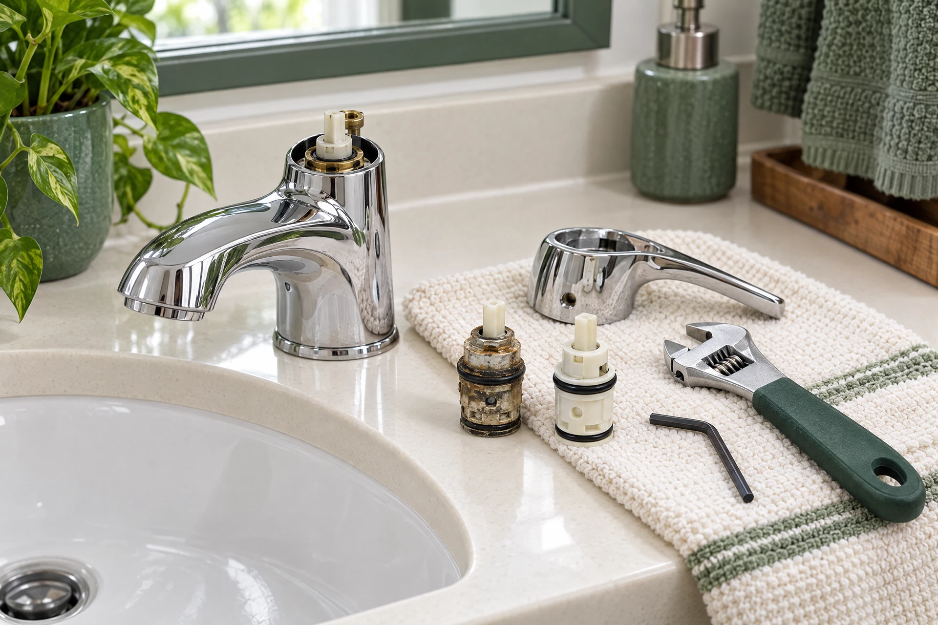 Photorealistic close-up of a single-handle faucet mid-repair with its cartridge, matching replacement part, shutoff valves, wrench, hex key, and plumbing tools on a protected cream sink counter.