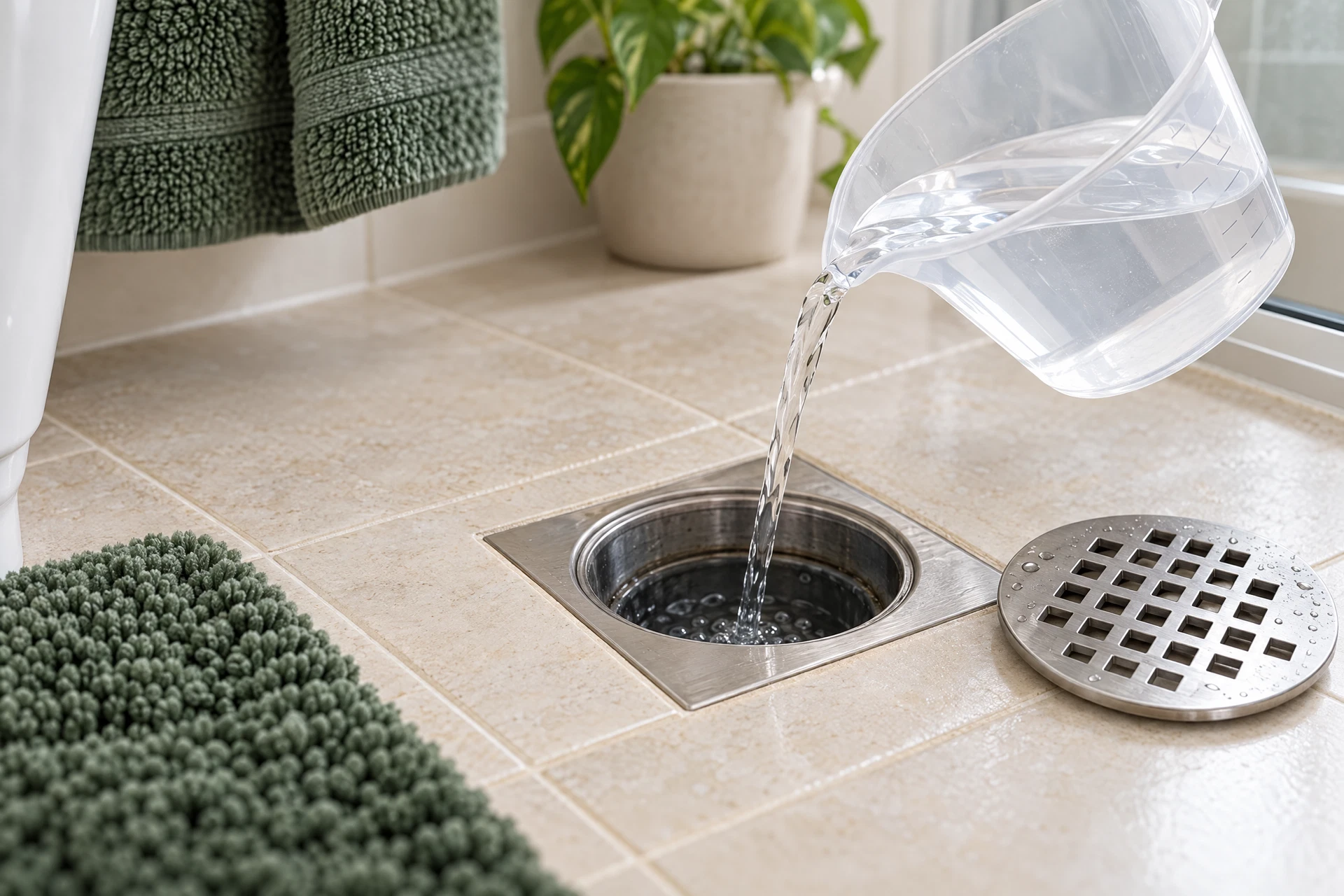 Photorealistic close-up of a clean bathroom floor drain with its grate beside the opening as clean water is poured in to illustrate checking a possible dry P-trap behind a sewer smell.