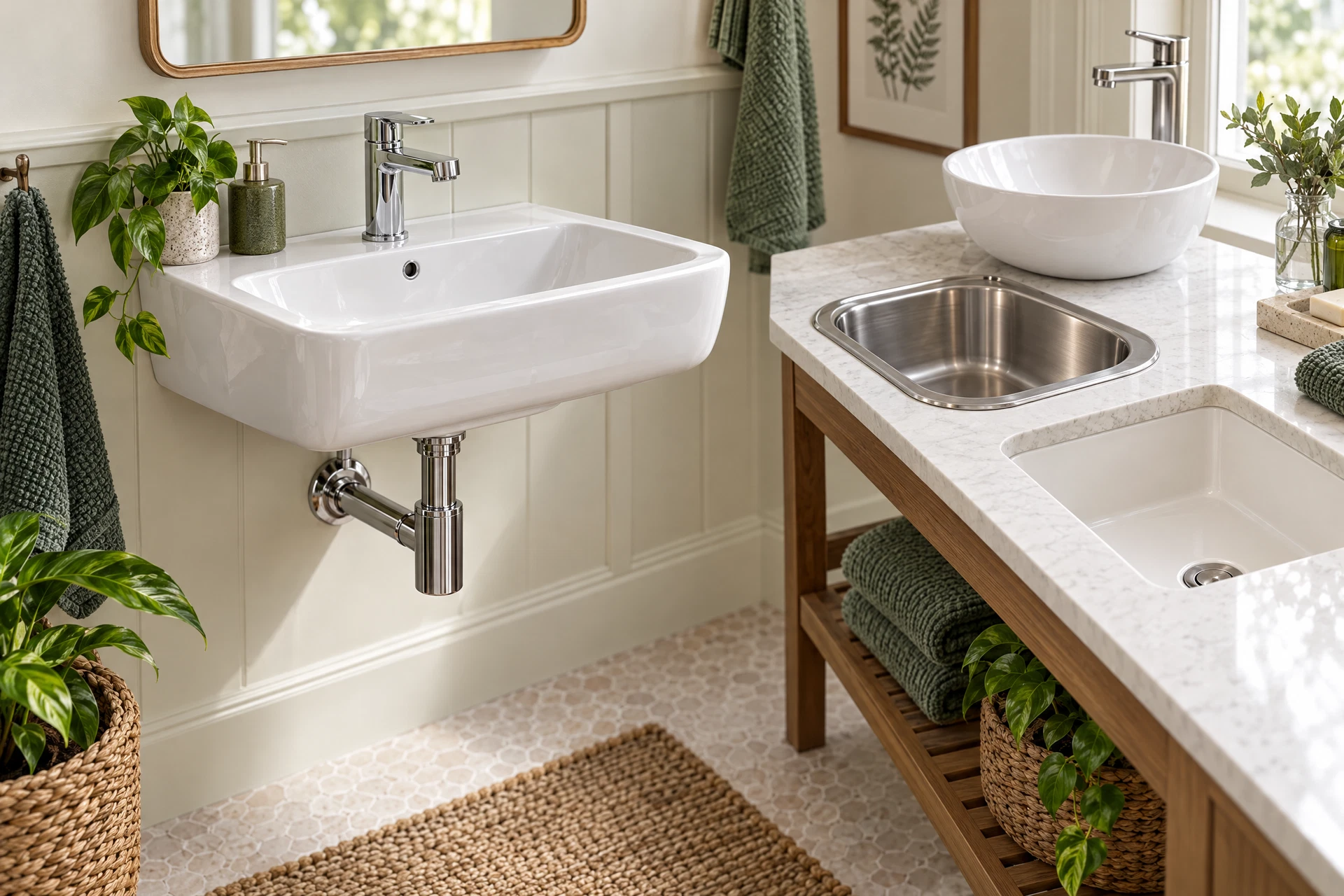 Photorealistic remodeled bathroom showing a wall-hung sink with accessible plumbing and several detached sink and countertop samples for comparing sink styles.