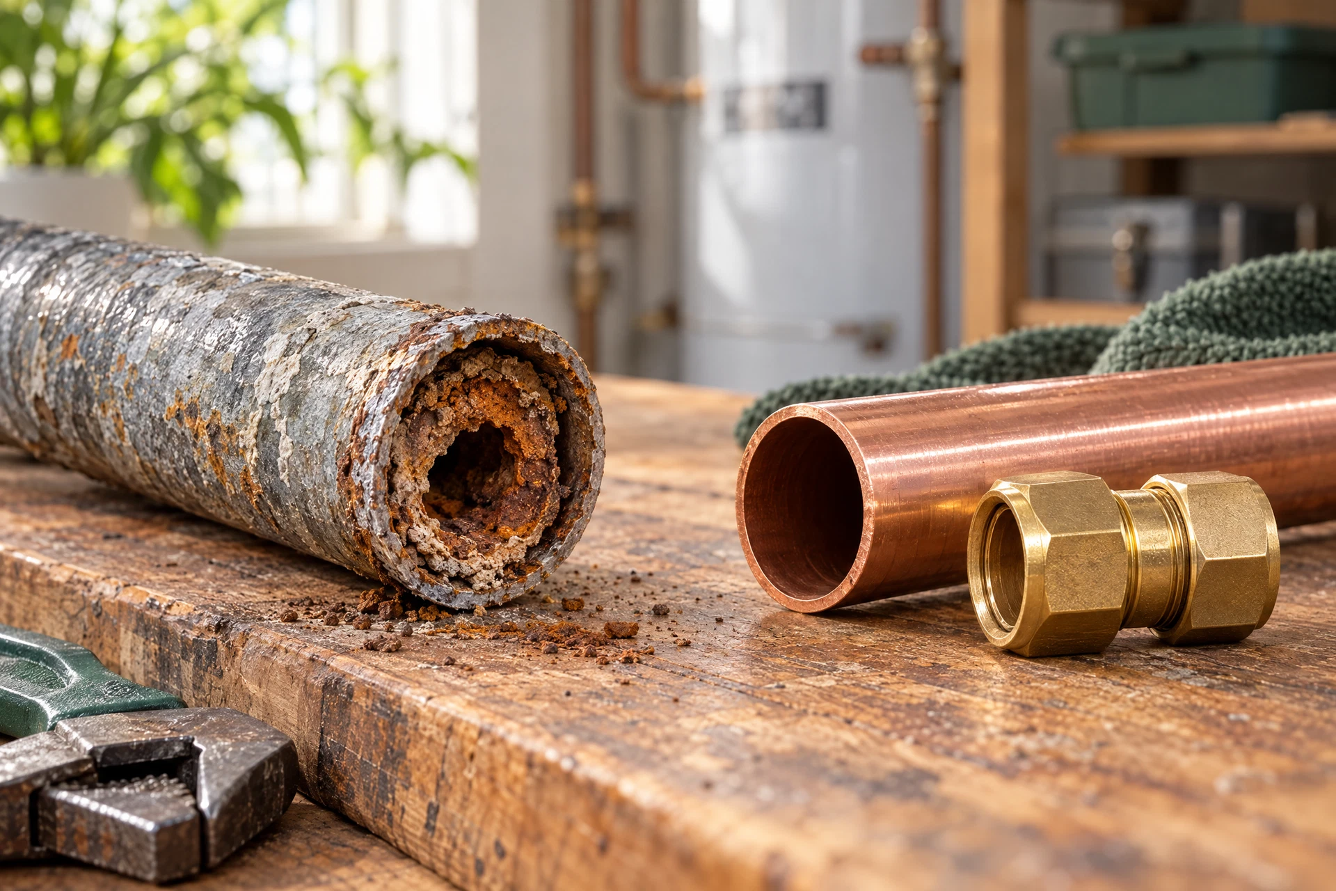 Detached corroded galvanized plumbing pipe with mineral buildup beside clean copper replacement pipe sections on a warm workbench.