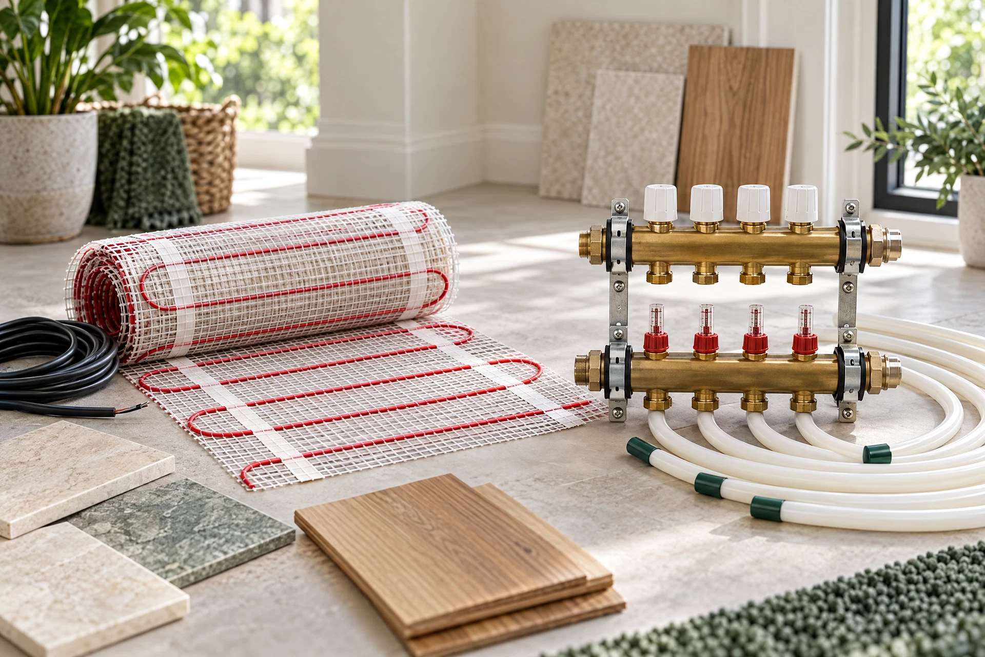 Photographic comparison of an electric radiant heating mat and hydronic floor-heating manifold with capped PEX loops beside flooring samples in a bright remodeled bathroom.