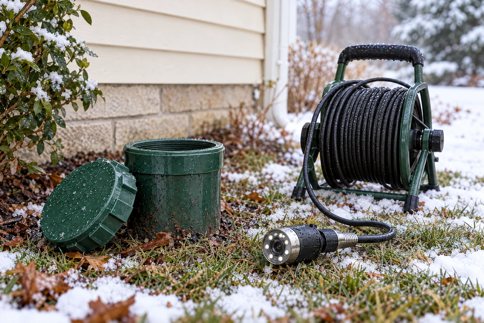Photorealistic winter sewer cleanout inspection equipment beside an accessible residential sewer access in a damp garden.