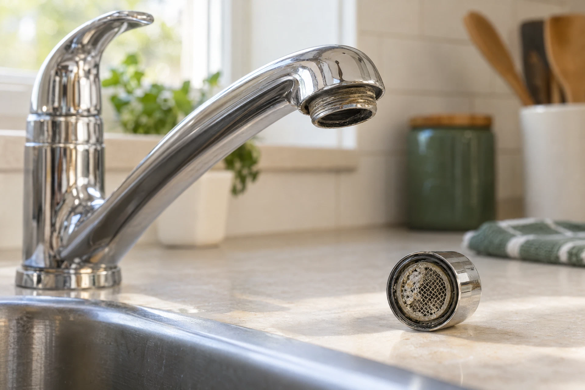 Close-up of a kitchen faucet aerator removed for inspection, with mineral sediment visible on its screen beside the faucet.