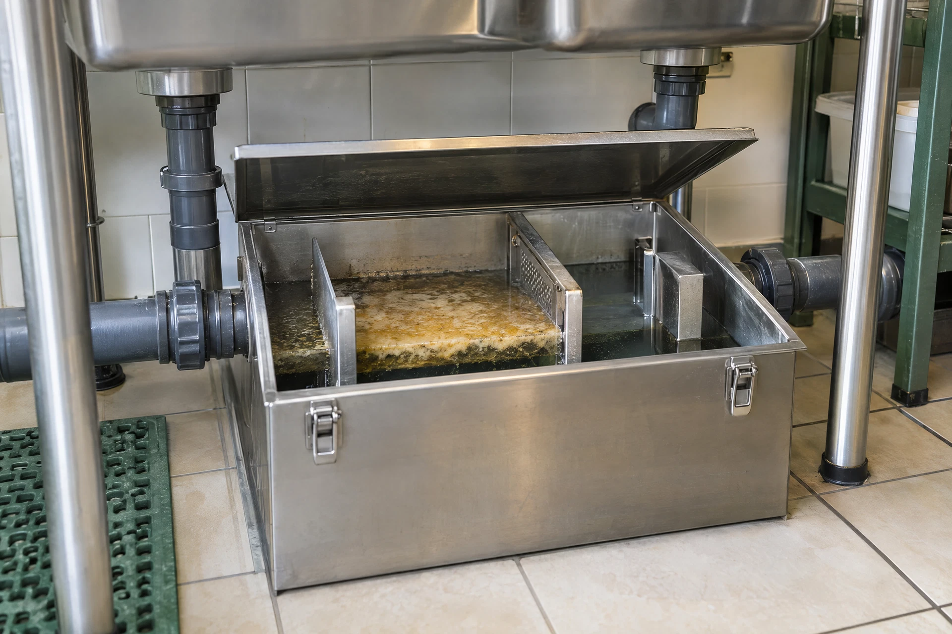 Open stainless-steel grease interceptor with visible baffles beneath a commercial kitchen sink, showing how grease and food solids separate before wastewater reaches the sewer.