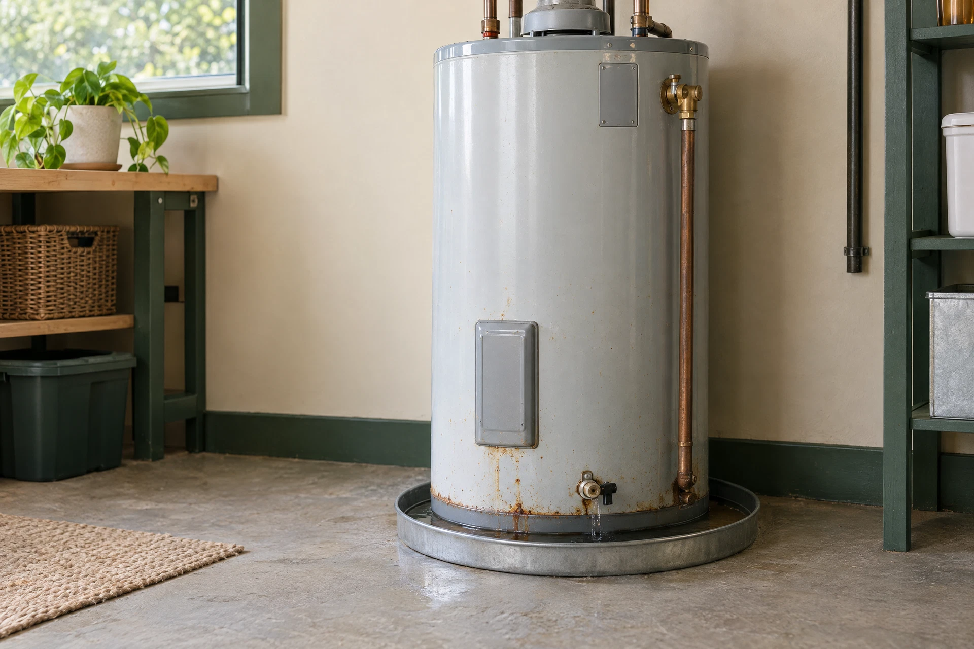 Aging water heater with rust staining and a small leak in a clean utility room, illustrating signs that replacement may be needed.
