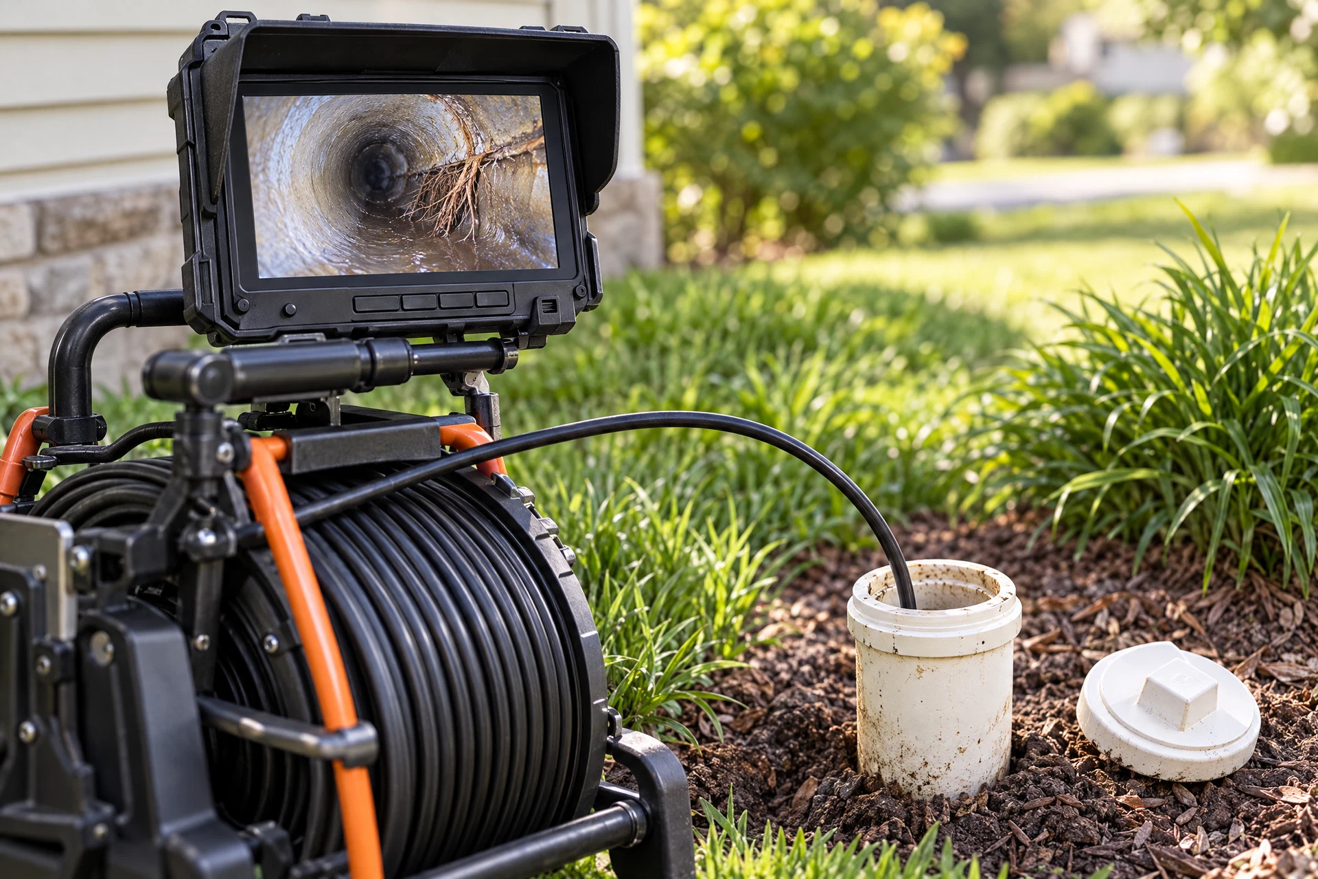 Professional sewer camera inspection equipment beside an accessible cleanout opening at a home.