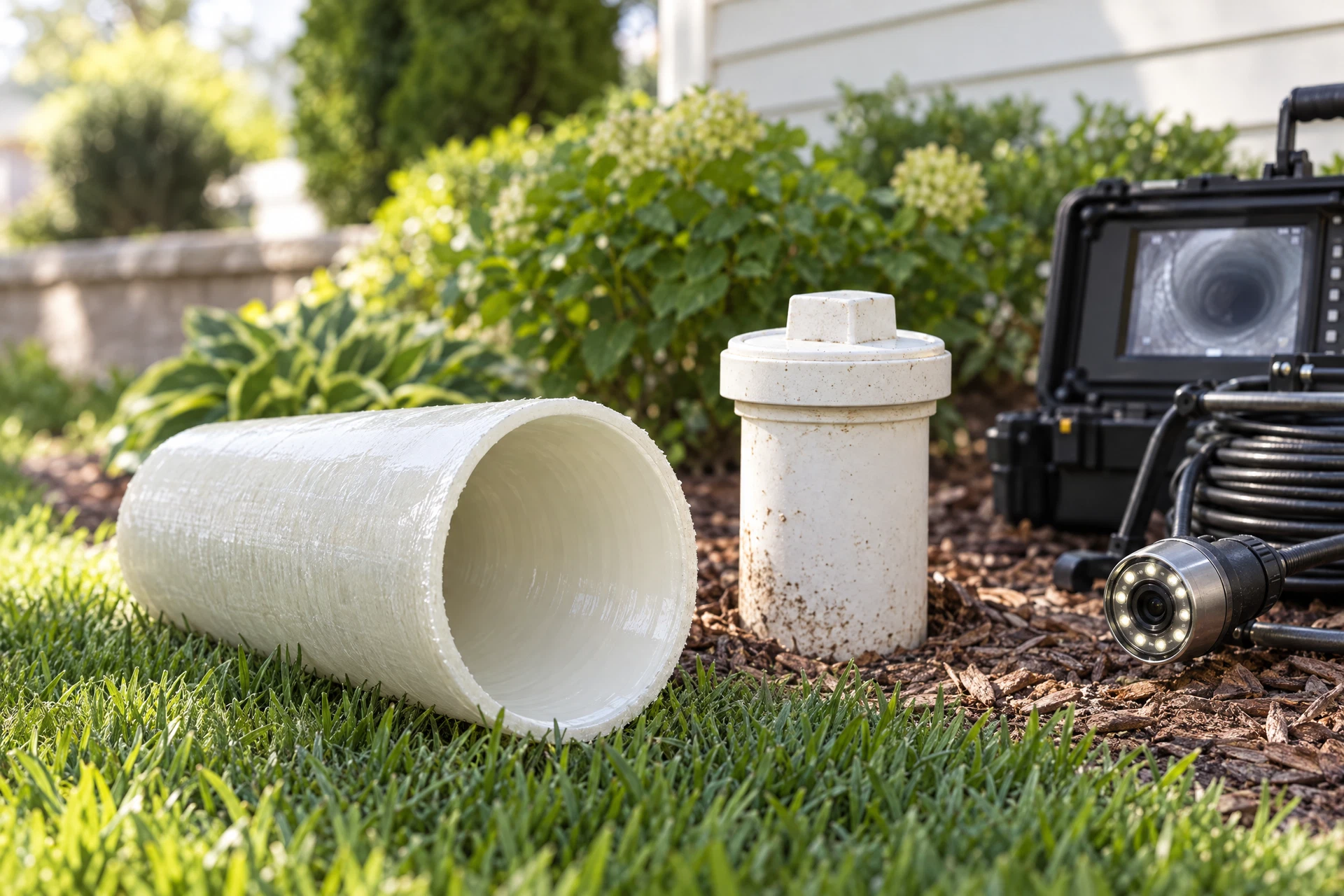 Detached cured-in-place trenchless sewer liner and inspection camera beside a residential sewer cleanout in a landscaped yard.