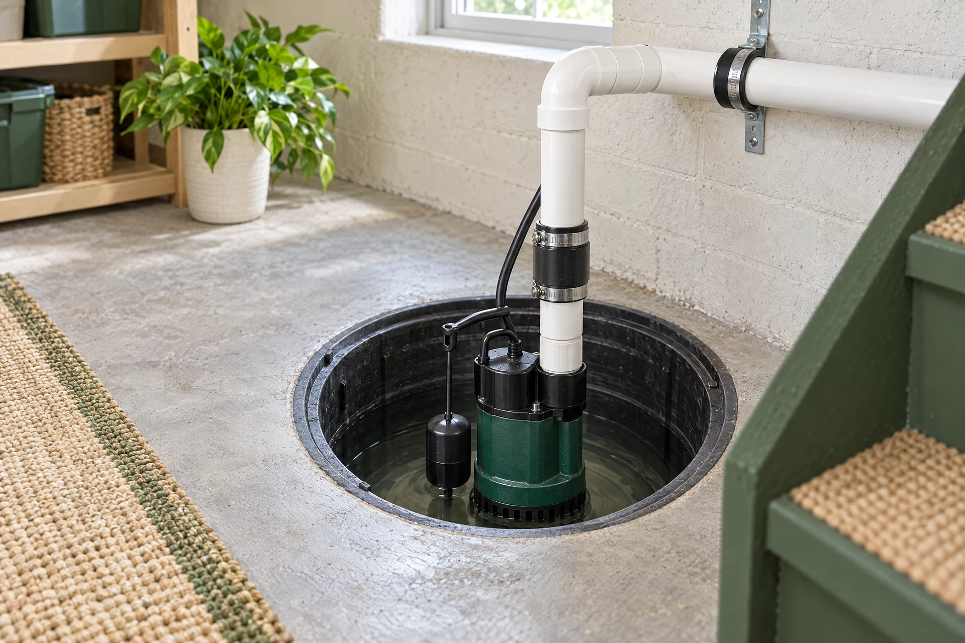 Photorealistic basement sump pump in an accessible basin with a connected discharge pipe, prepared for spring groundwater and flooding risk.