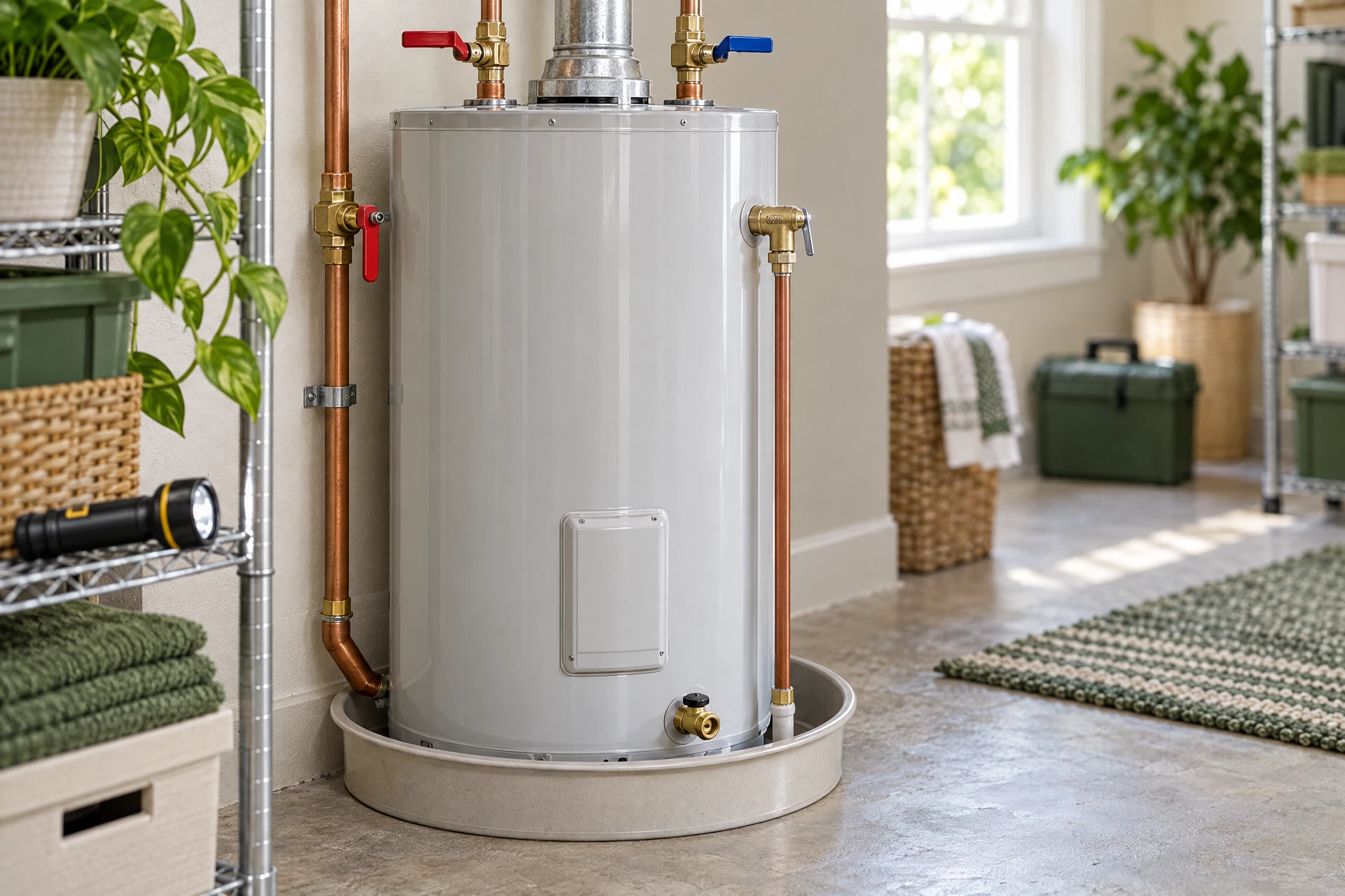 Photorealistic storage-tank water heater in a clean utility room with visible shutoff, relief pipe, drain pan, and safe inspection tools.