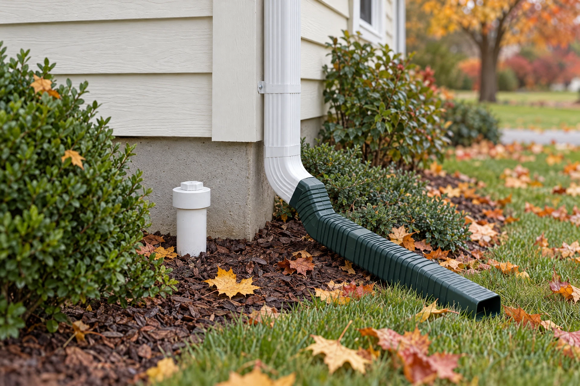 Autumn gutter and downspout inspection with rainwater directed away from a home's foundation.