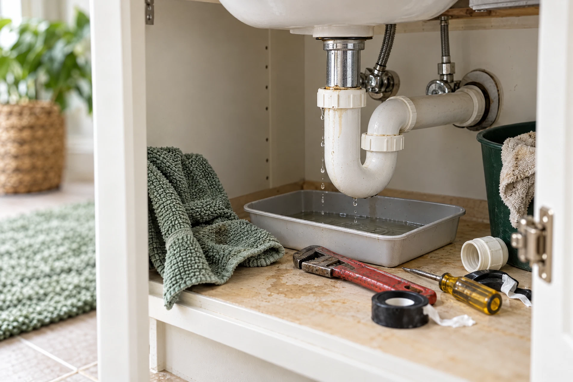 Open bathroom vanity showing a recurring under-sink drain leak, water droplets in a catch pan, and carelessly left plumbing tools—visual warning signs of incomplete plumbing work.