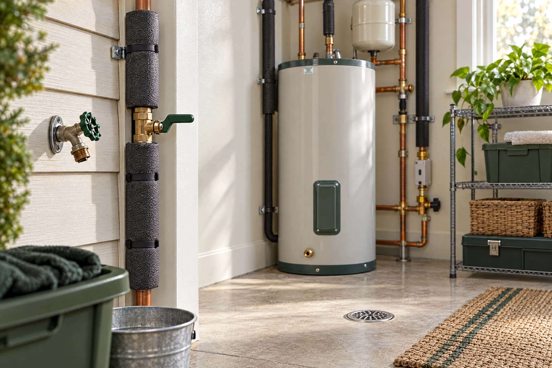 Photorealistic fall plumbing inspection in a home utility area, showing insulated exposed pipes, a drained garden hose, shutoff valve, water heater, and clear floor drain prepared for winter.