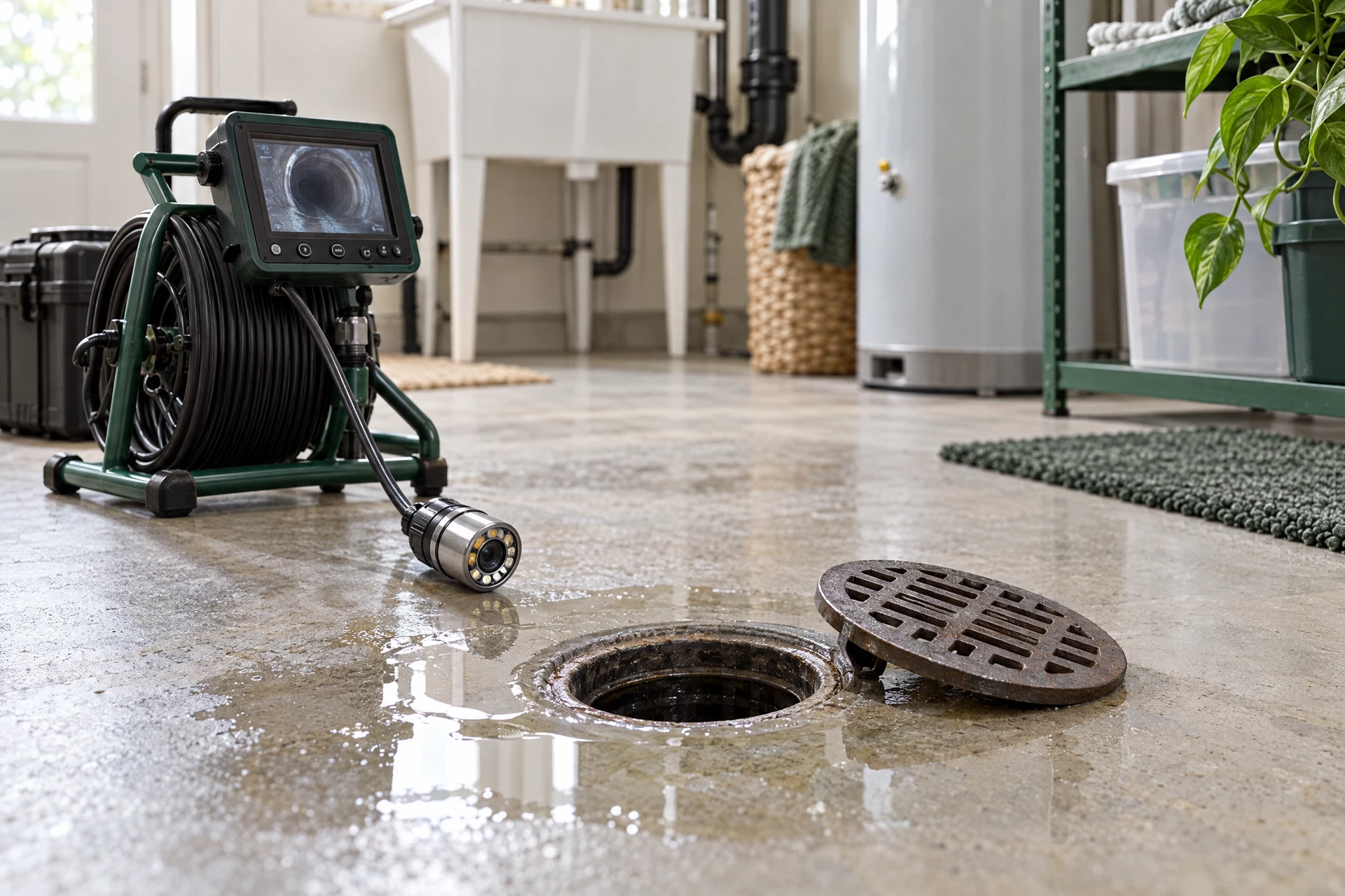 Photorealistic utility-room floor drain with the grate lifted, subtle standing water, and detached sewer inspection camera equipment.