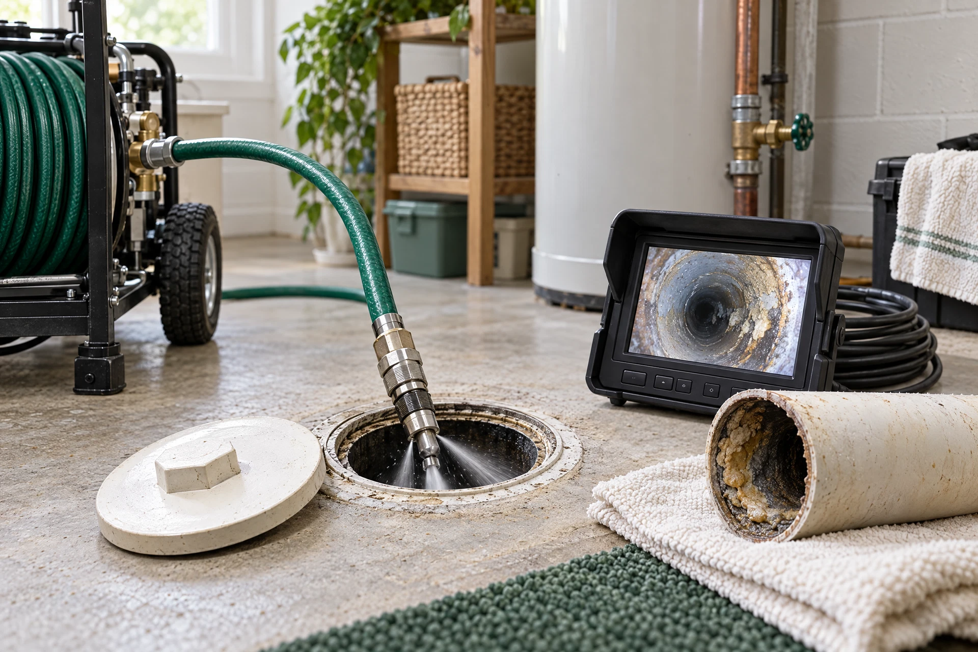 Photorealistic hydro-jetting hose, sewer cleanout, camera monitor, and scaled inspection pipe in a softly lit home utility area.