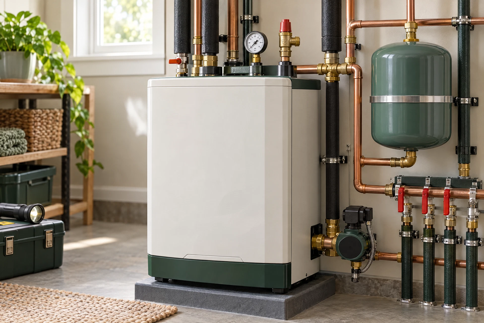 Photorealistic close view of a residential boiler and connected heating controls in a clean utility room, staged for safe seasonal inspection.