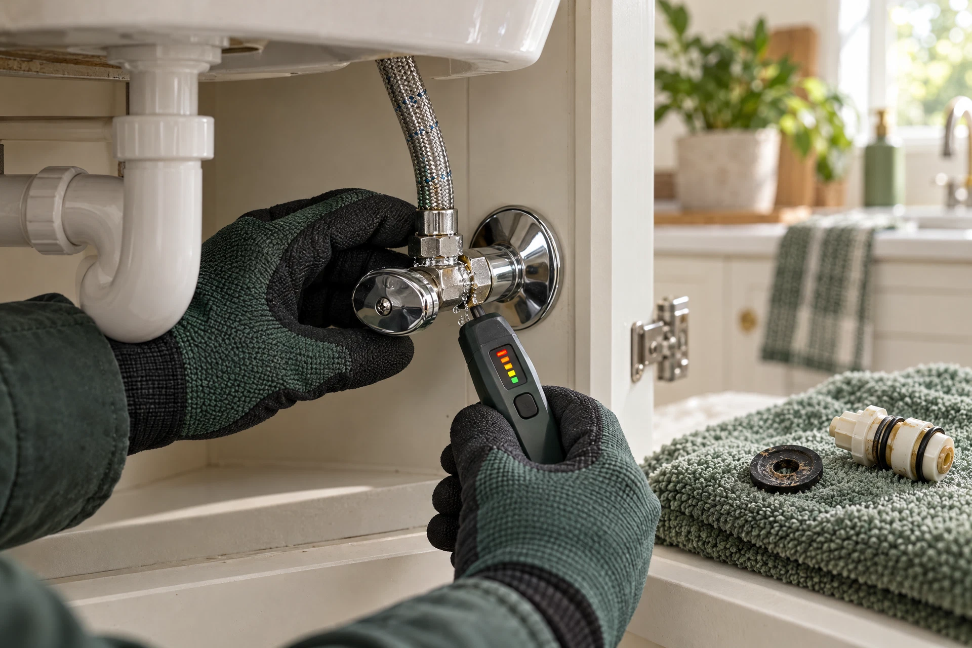 Photorealistic editorial view of a plumbing professional inspecting a slightly damp under-sink shutoff valve and supply connection with a moisture meter, illustrating why expert diagnosis matters.