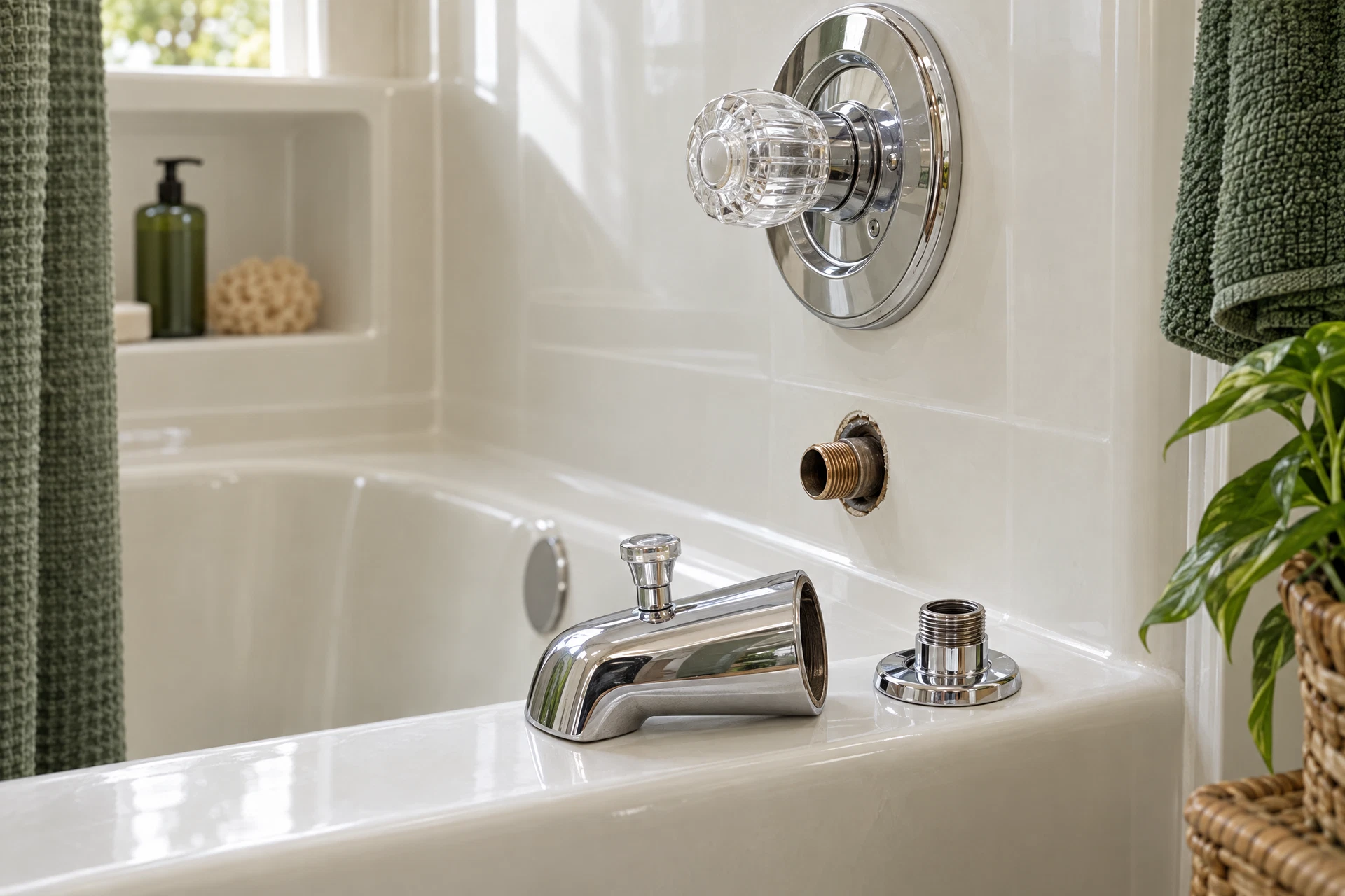 Chrome tub-spout shower diverter and compatible trim parts arranged for inspection beside a softly blurred tub-and-shower alcove.