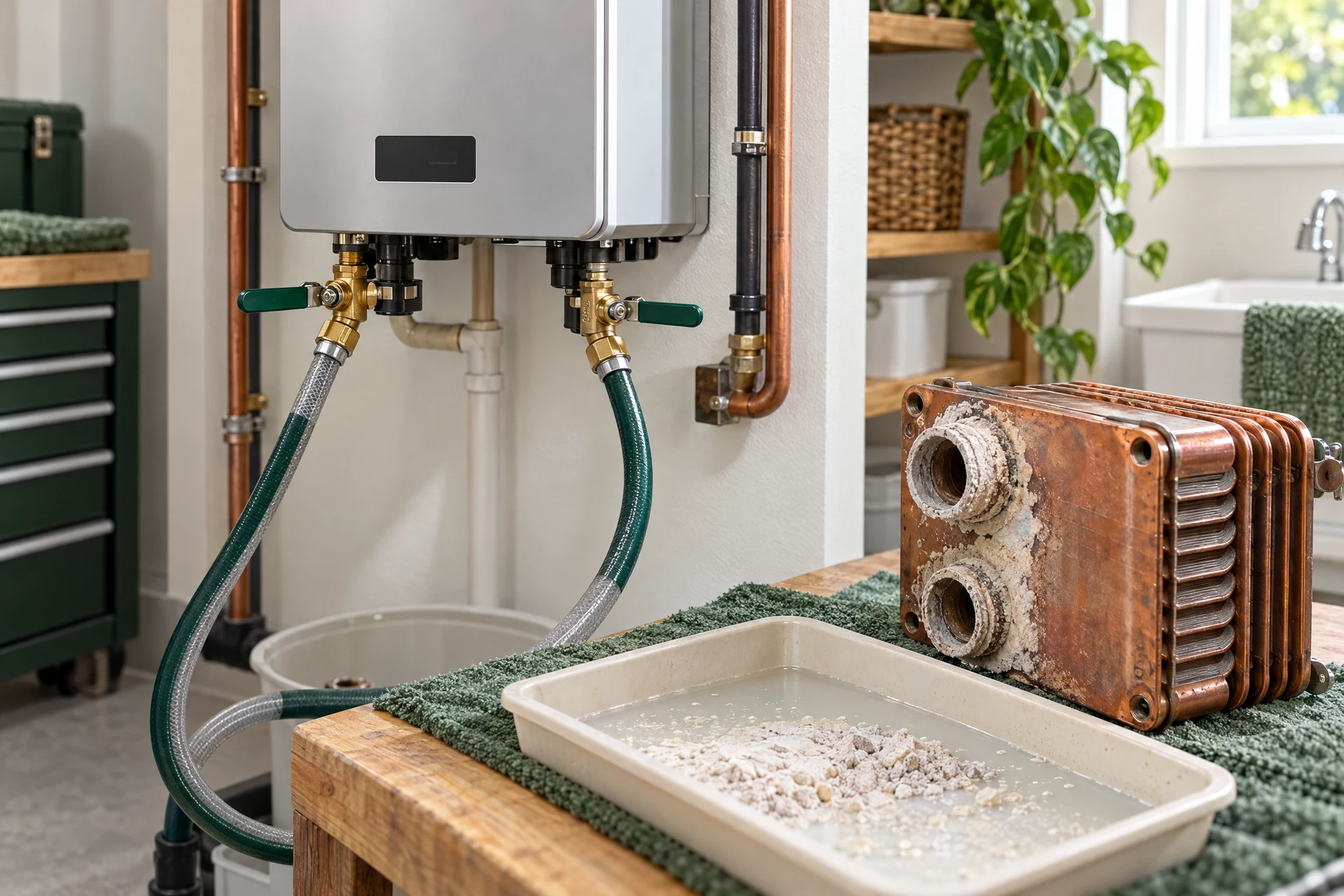 Tankless water heater service valves beside a scaled copper heat-exchanger tube and pale sediment, illustrating why descaling matters.