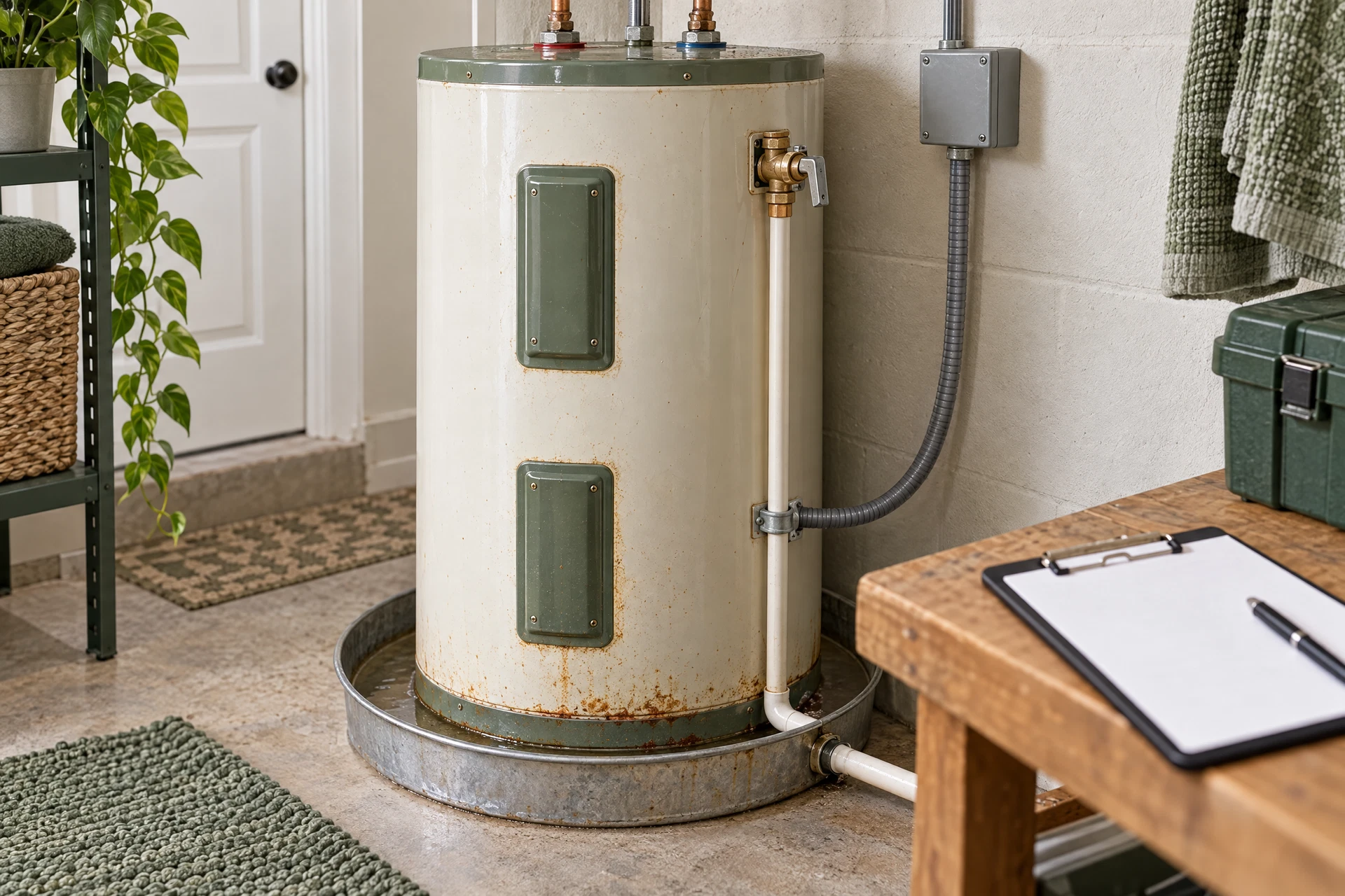 Aging residential water heater with subtle rust and a small damp patch beneath its connected plumbing in a softly lit utility room.