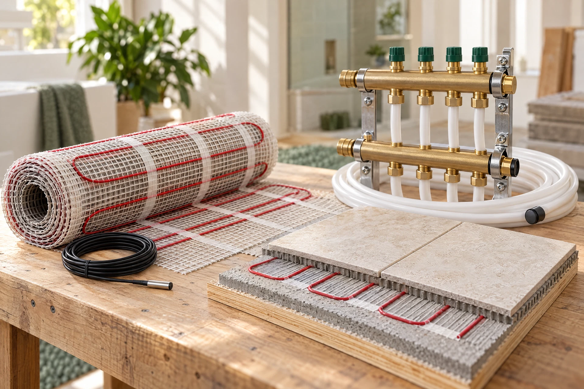 Editorial view of electric radiant heating mat and hydronic PEX manifold components arranged for a home heating comparison.