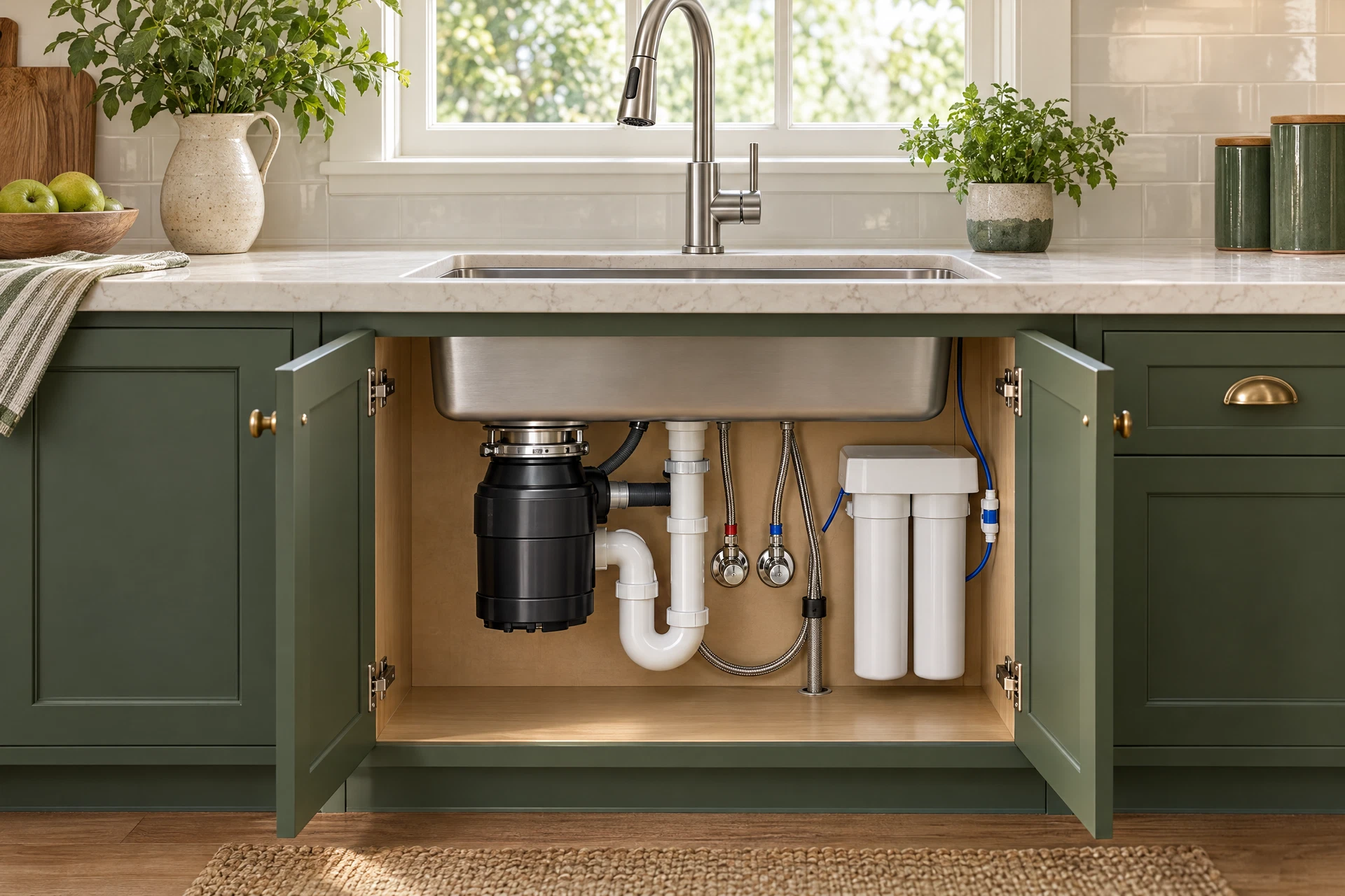 Open kitchen sink cabinet with an organized faucet, drinking-water filter, shutoff valves, drain trap, and garbage disposal prepared for practical plumbing updates.