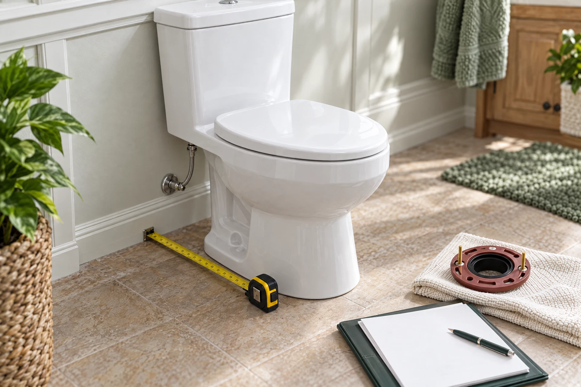 High-efficiency toilet with a rough-in measuring tape, rebate paperwork, and inspection parts in a bright bathroom.