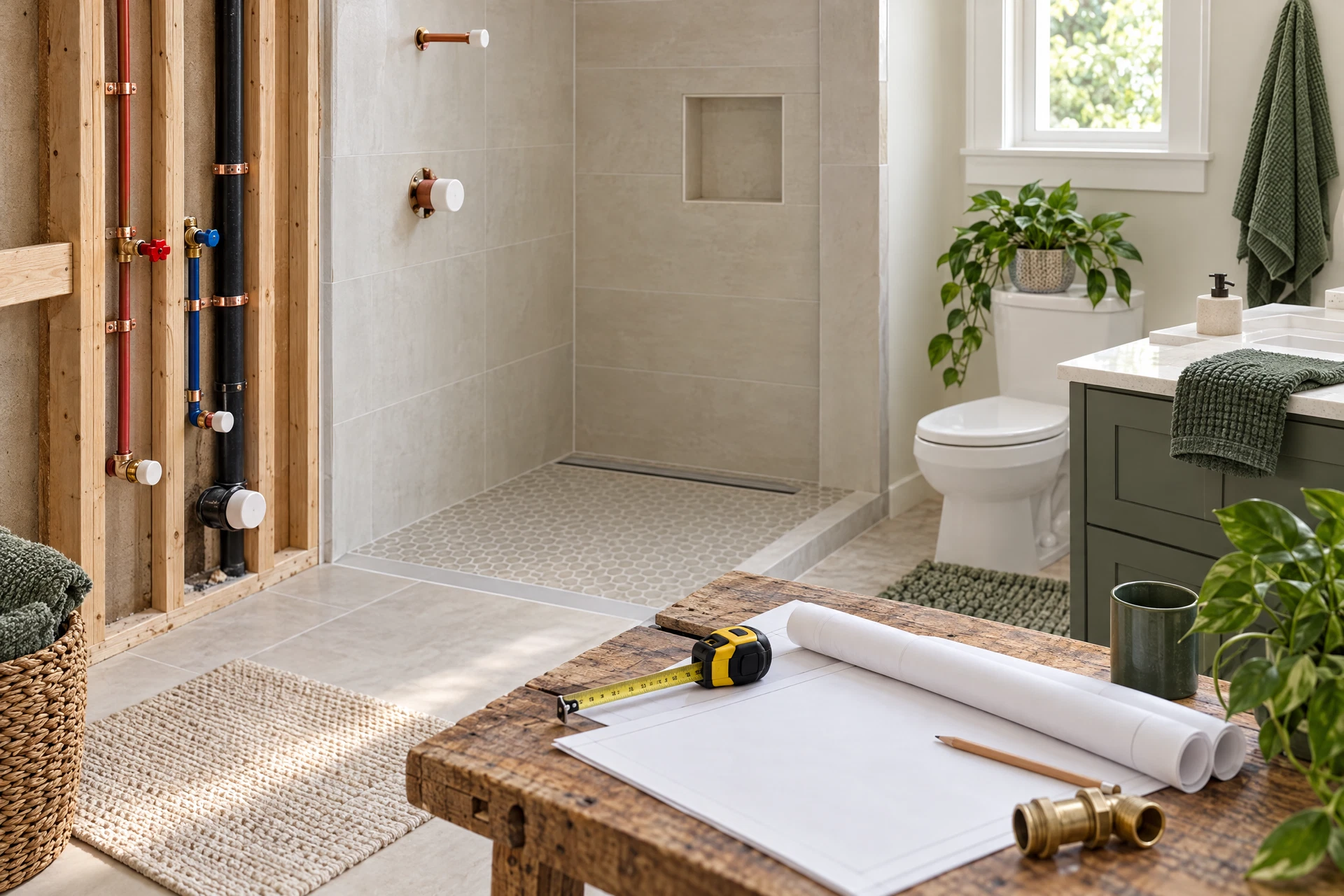 Photorealistic bathroom remodel rough-in with a low-threshold shower pan, accessible shutoffs, fixture layout, and connected plumbing prepared before finishes are installed.