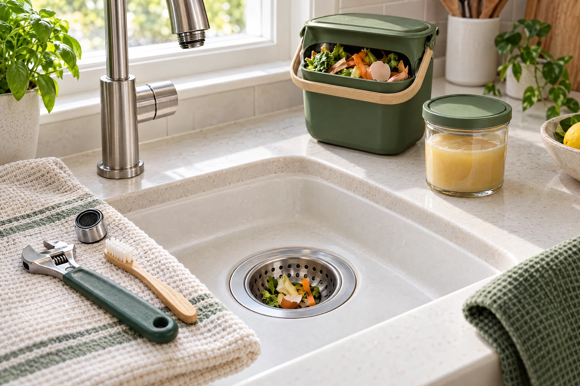 Photorealistic kitchen sink with a food-scrap strainer, compost caddy, low-flow faucet, and simple plumbing maintenance tools for eco-friendly home plumbing fixes.