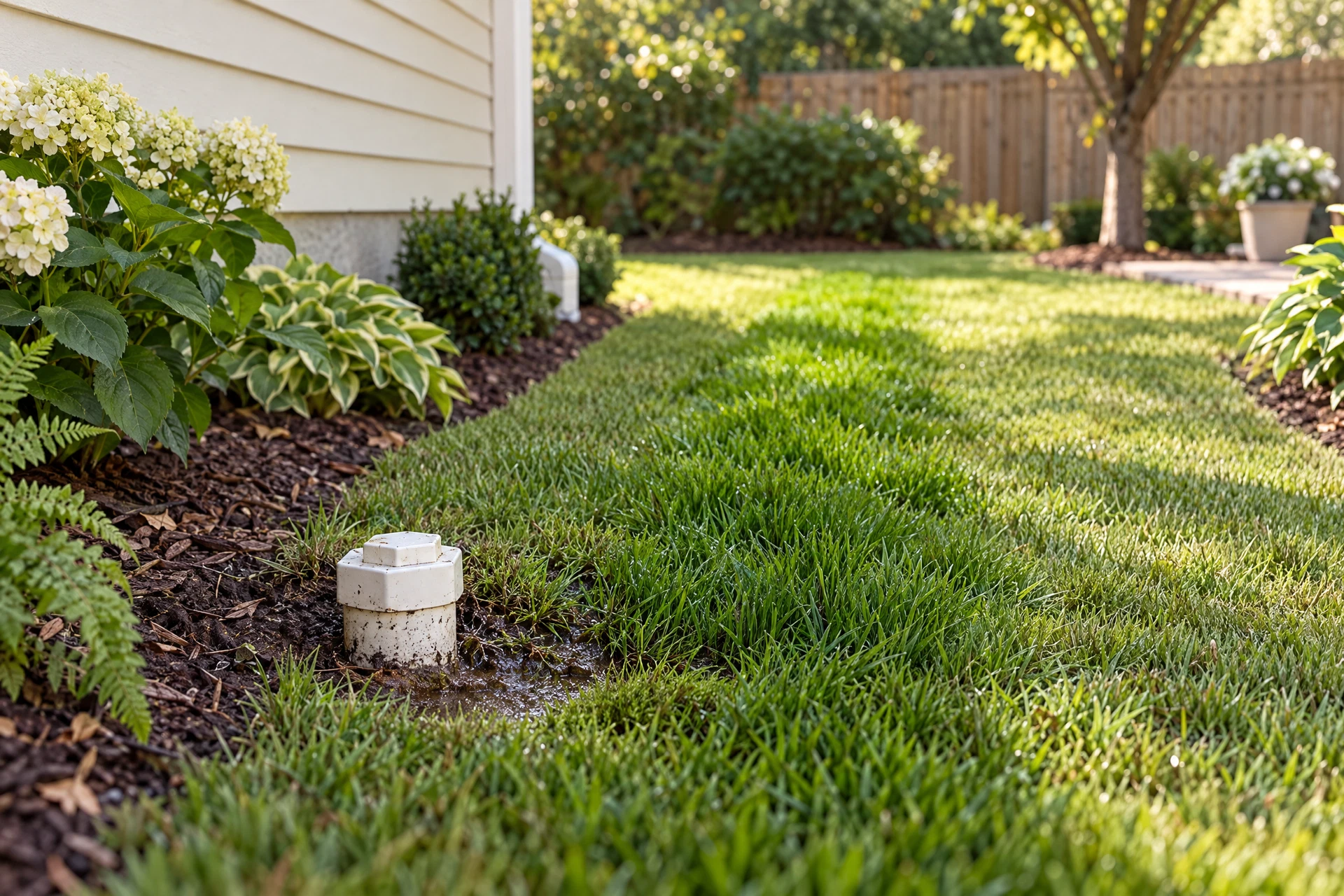 Residential backyard lawn with an unusually lush strip of grass and a sewer cleanout cap, suggesting a possible sewer-line issue.