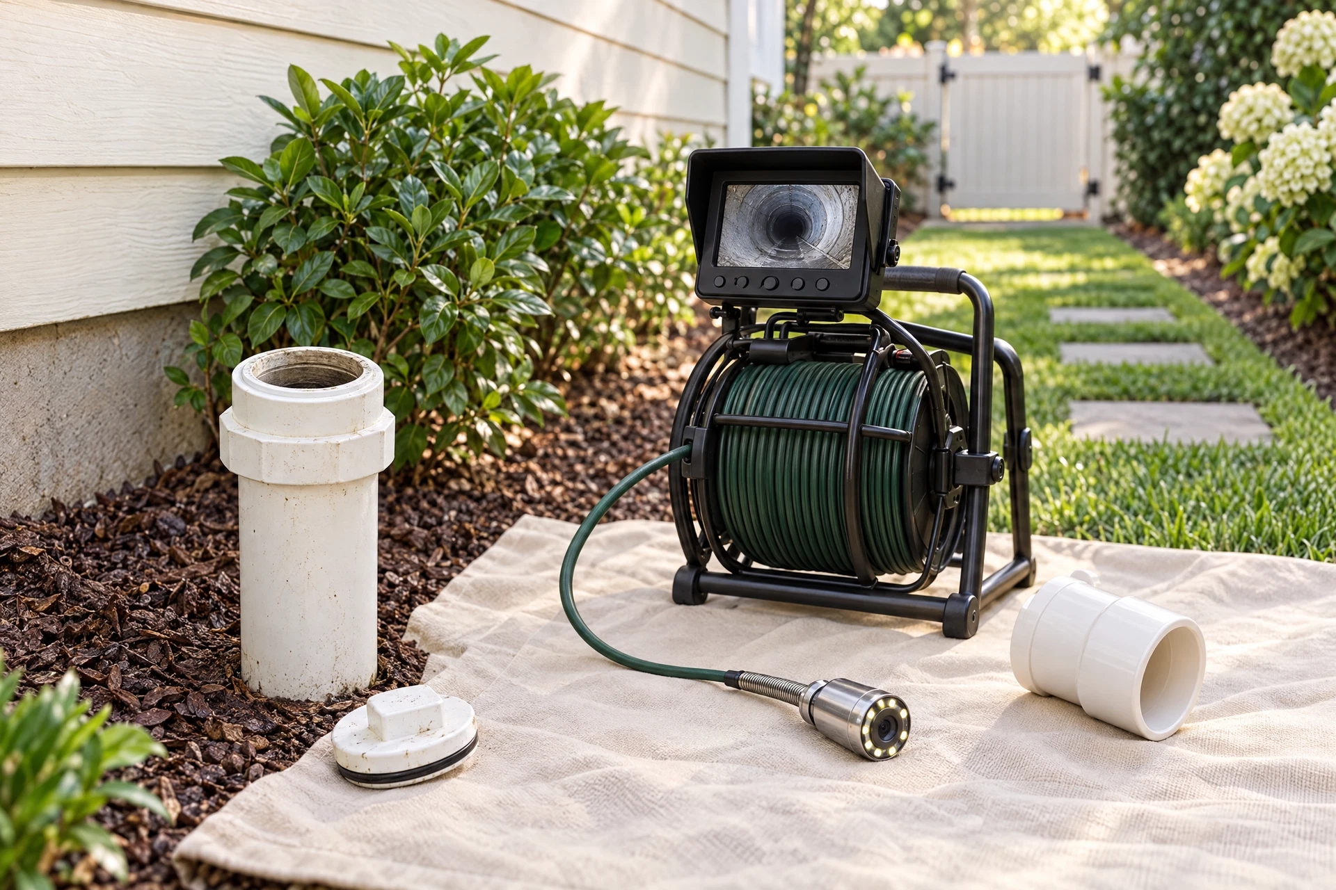 Photorealistic side-yard sewer cleanout with a camera inspection reel and safely arranged inspection equipment beside a home.