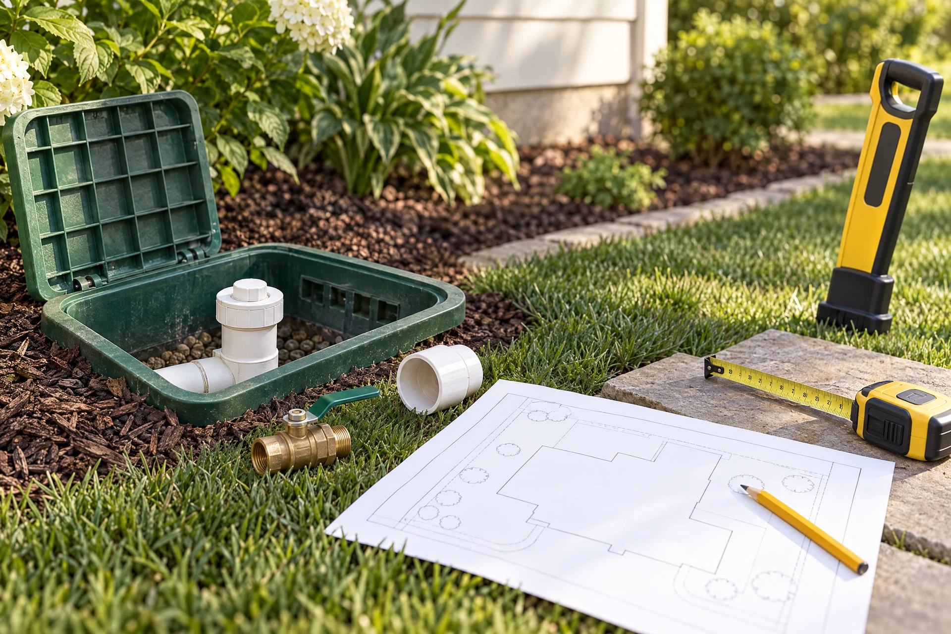 Photorealistic pre-excavation planning scene with an open underground plumbing cleanout, connected drain pipe, inspection fitting, detached plumbing parts, blank site plan, tape measure, and utility-locate wand beside a landscaped home.