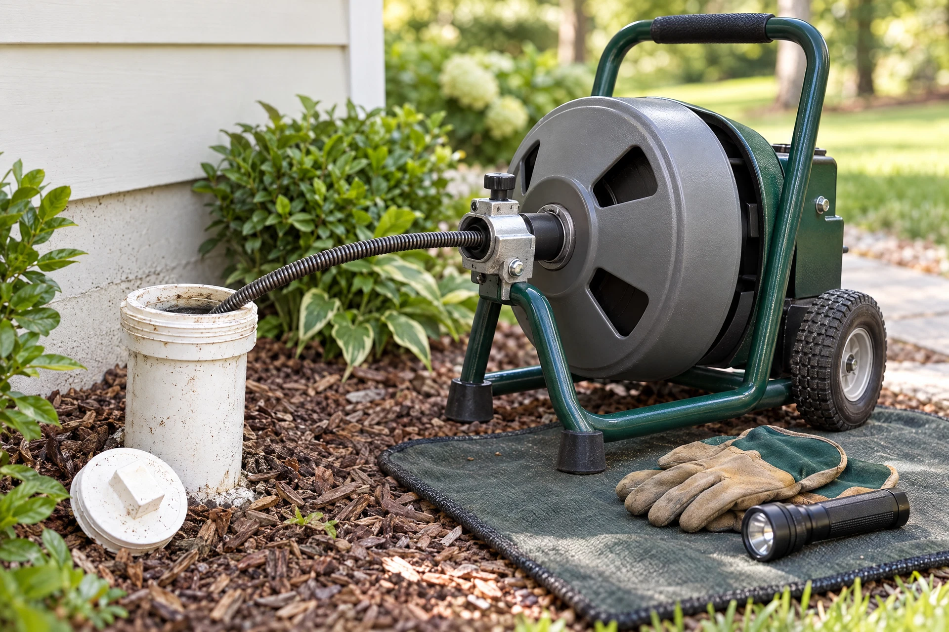 Professional rooter equipment beside an accessible exterior sewer cleanout at a tidy home, illustrating how sewer line blockage-clearing service works.