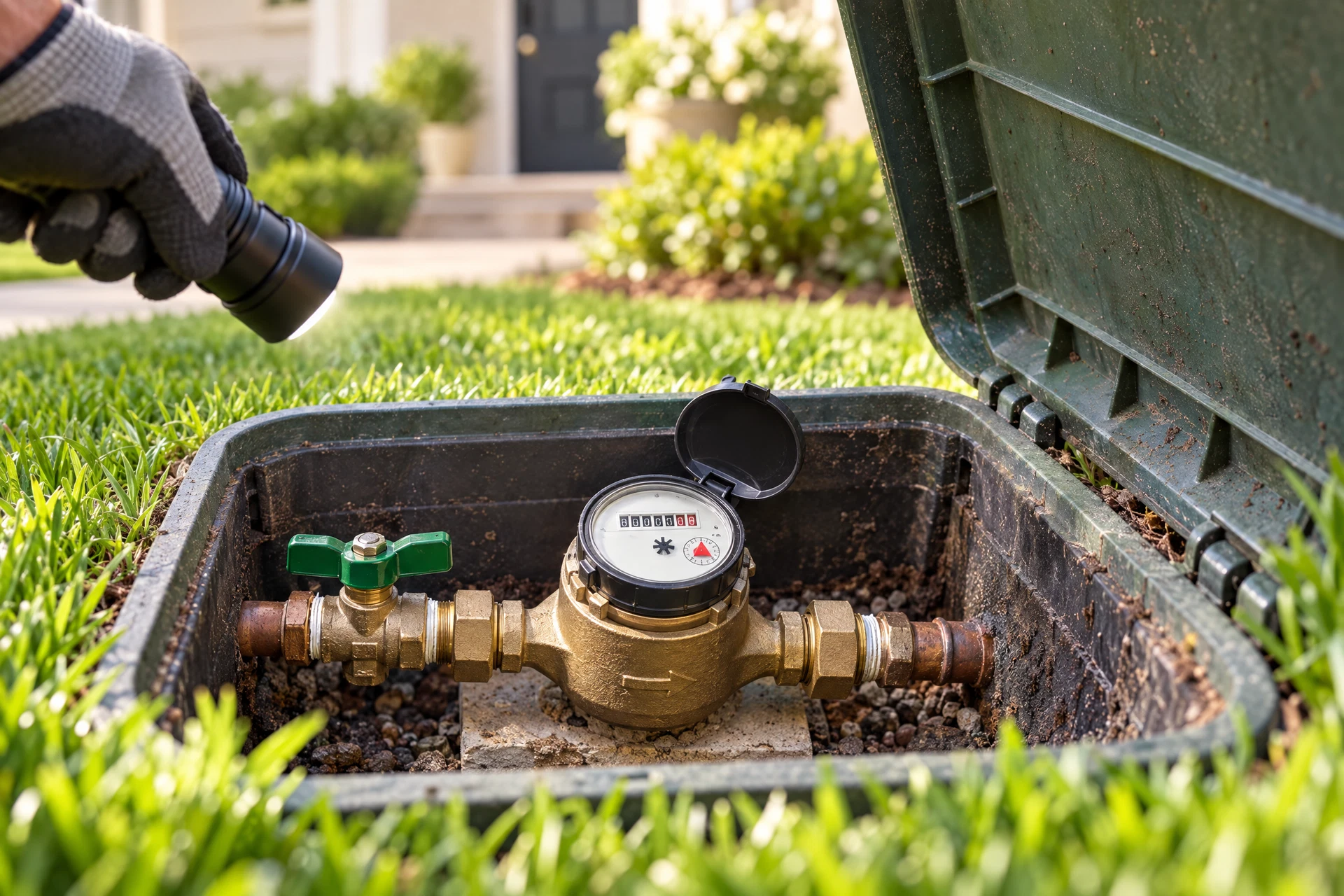 Close-up of an open residential water meter box and connected plumbing fittings being checked for signs of a hidden leak beside a home.