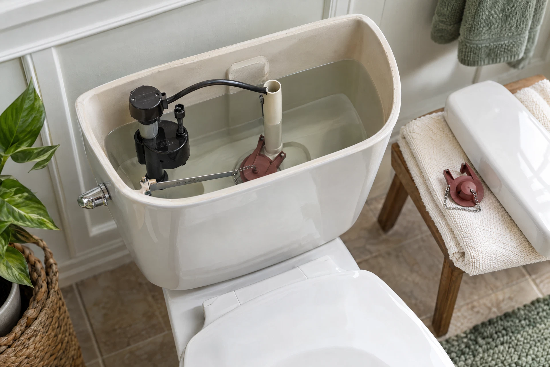 Open toilet tank showing the flapper, chain, fill valve and float beside a replacement flapper