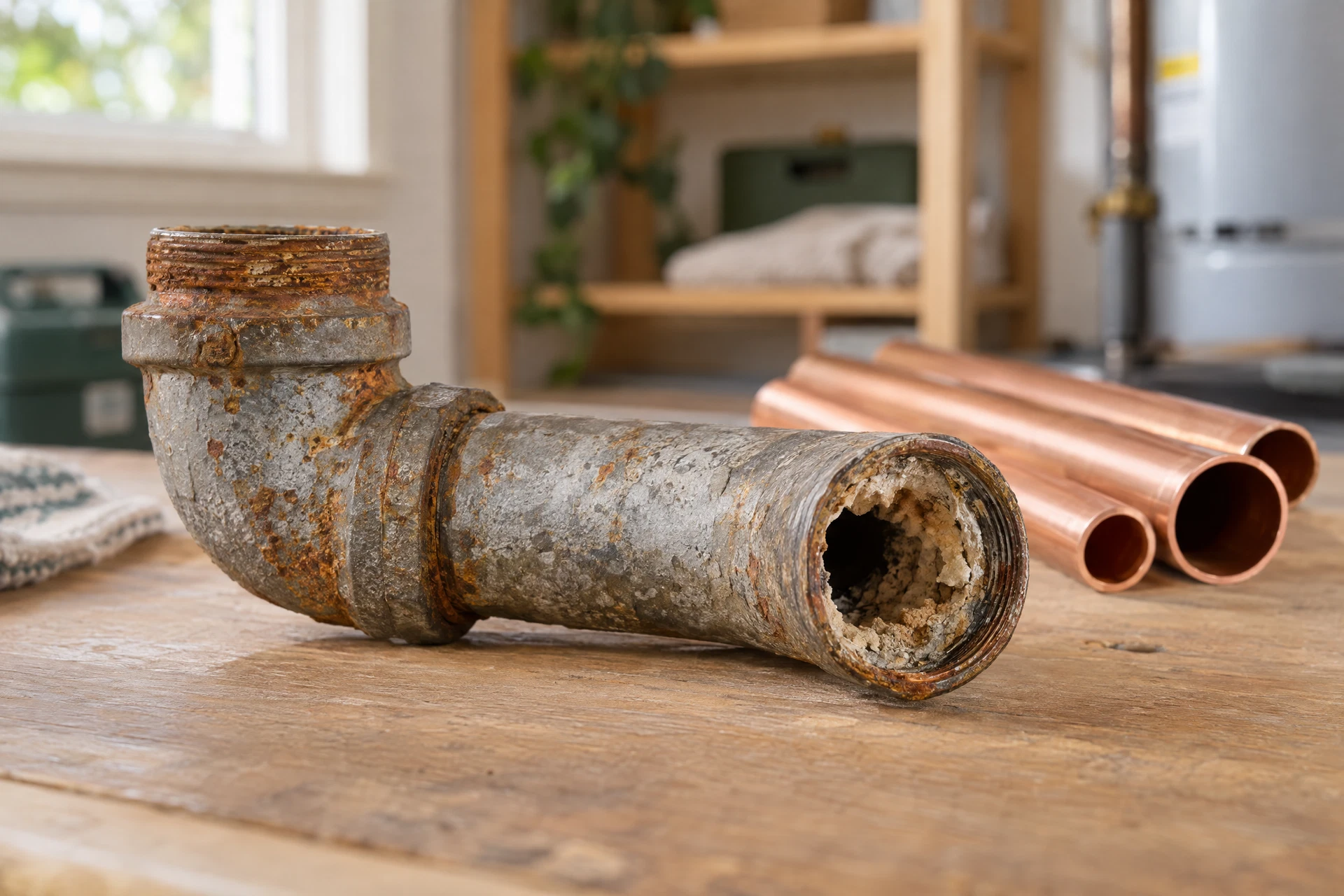 Corroded galvanized water pipe with mineral buildup beside clean replacement copper pipes