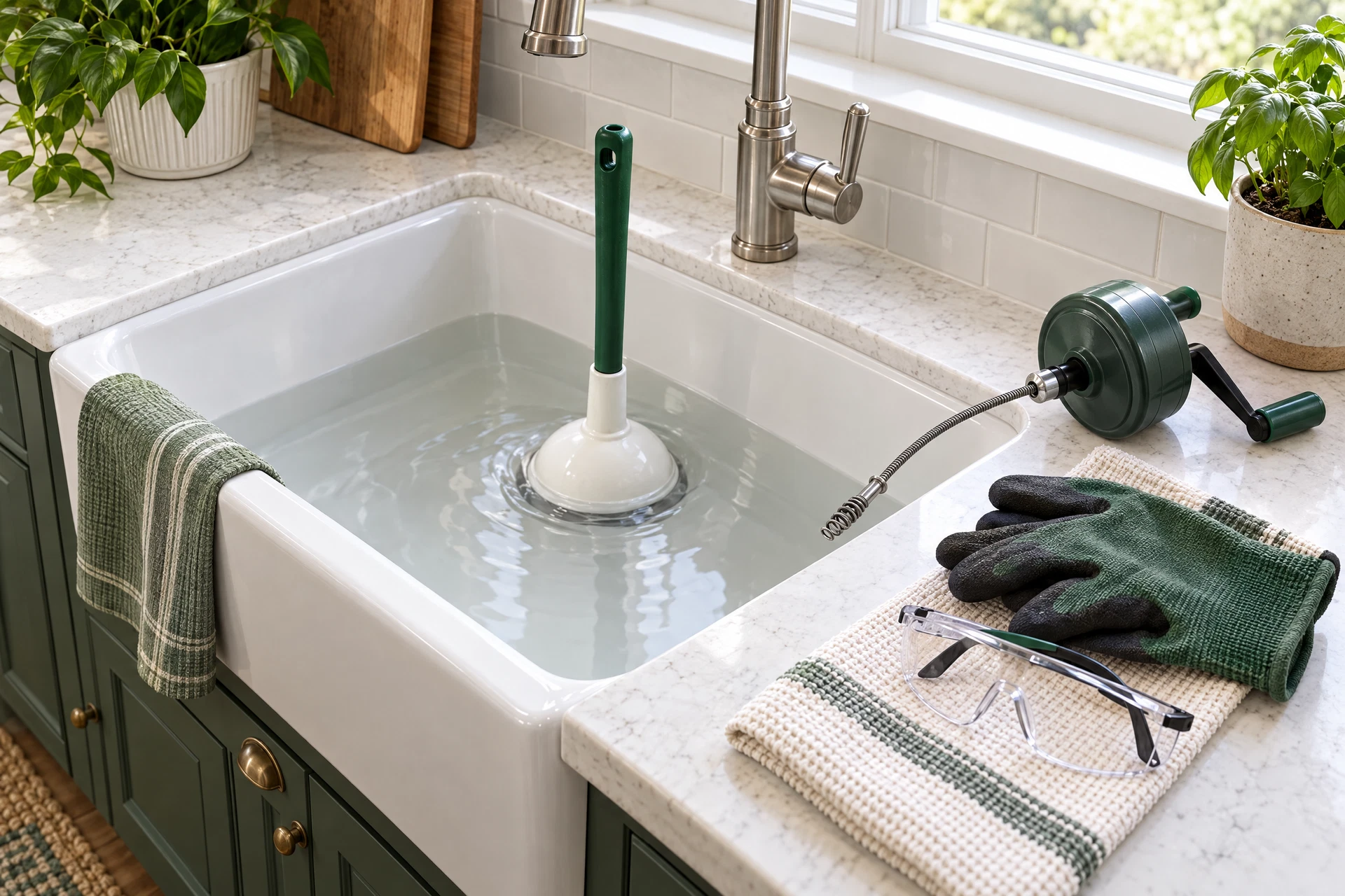 Cup-style plunger sealed over a kitchen sink drain beside a small hand auger and protective gloves for safe, chemical-free drain unclogging.