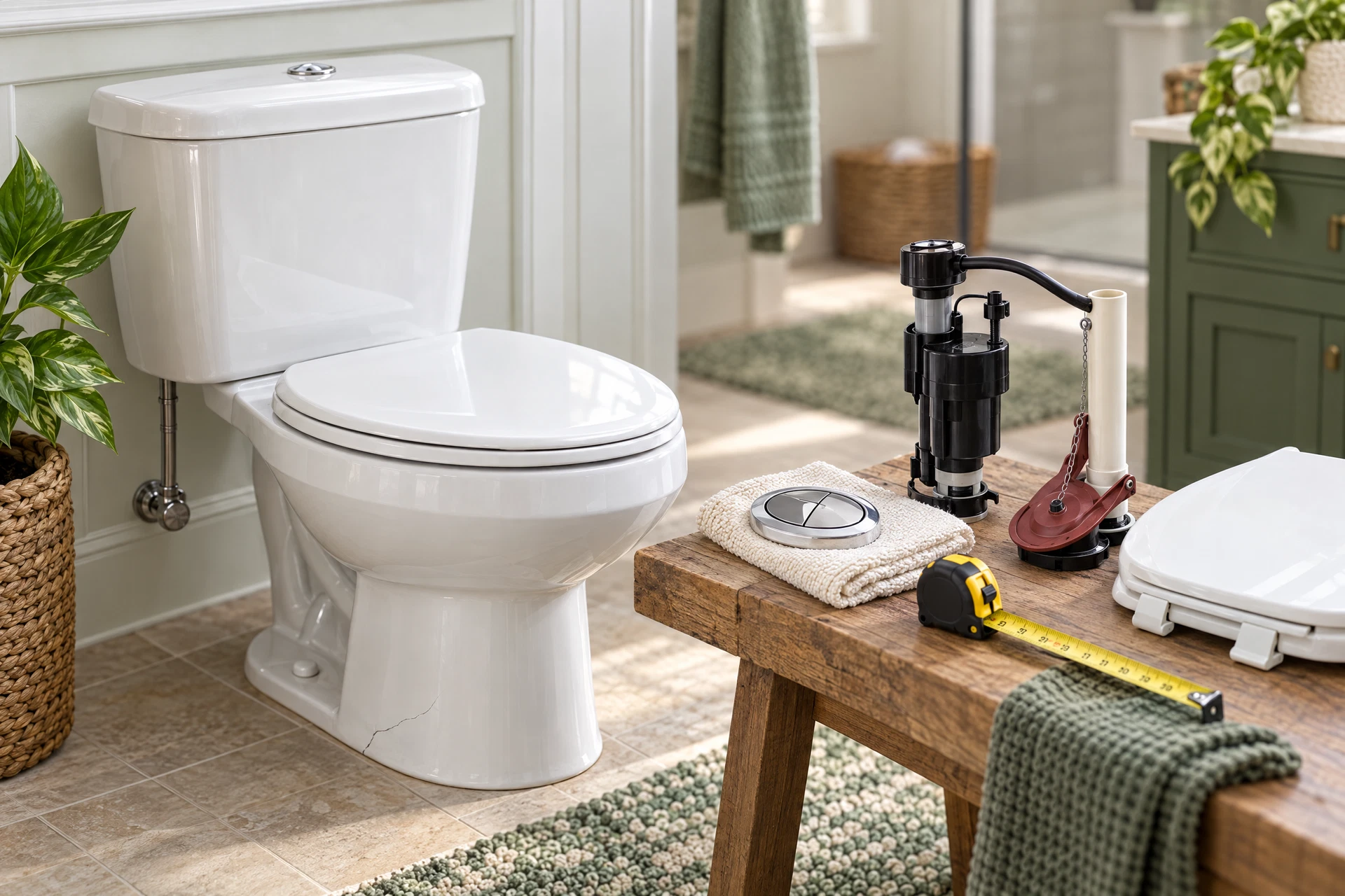 Photorealistic bathroom inspection scene showing a cracked gravity-feed toilet and clean comparison parts for choosing a replacement toilet style.