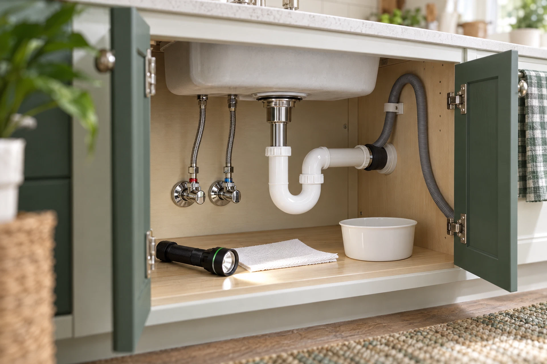 Photorealistic under-sink plumbing inspection with connected shutoff valves, supply lines, drain piping, flashlight, and a catch cup for preventative home maintenance.