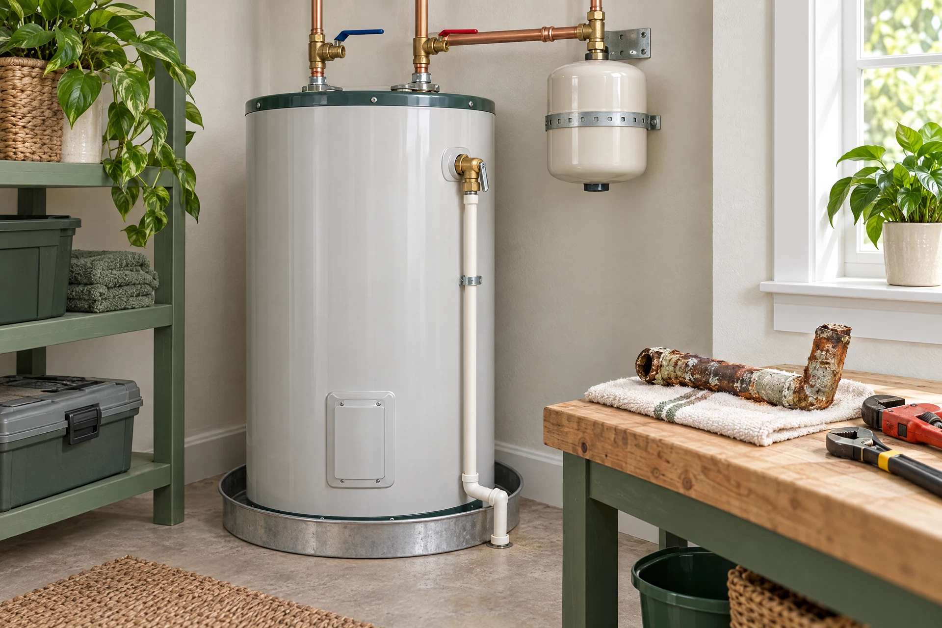 Photorealistic utility-room water-heater inspection with logical copper plumbing connections and a detached old pipe for comparison.