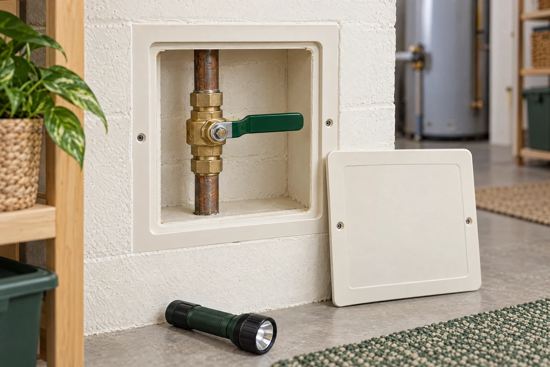 Photorealistic basement utility area showing a brass main water shut-off valve with a green lever on the incoming service pipe at the foundation wall.