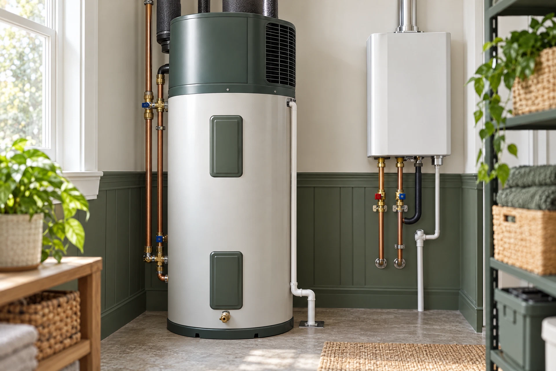 Modern hybrid heat-pump and tankless water heaters installed in a clean residential utility room, illustrating options beyond a conventional storage tank.