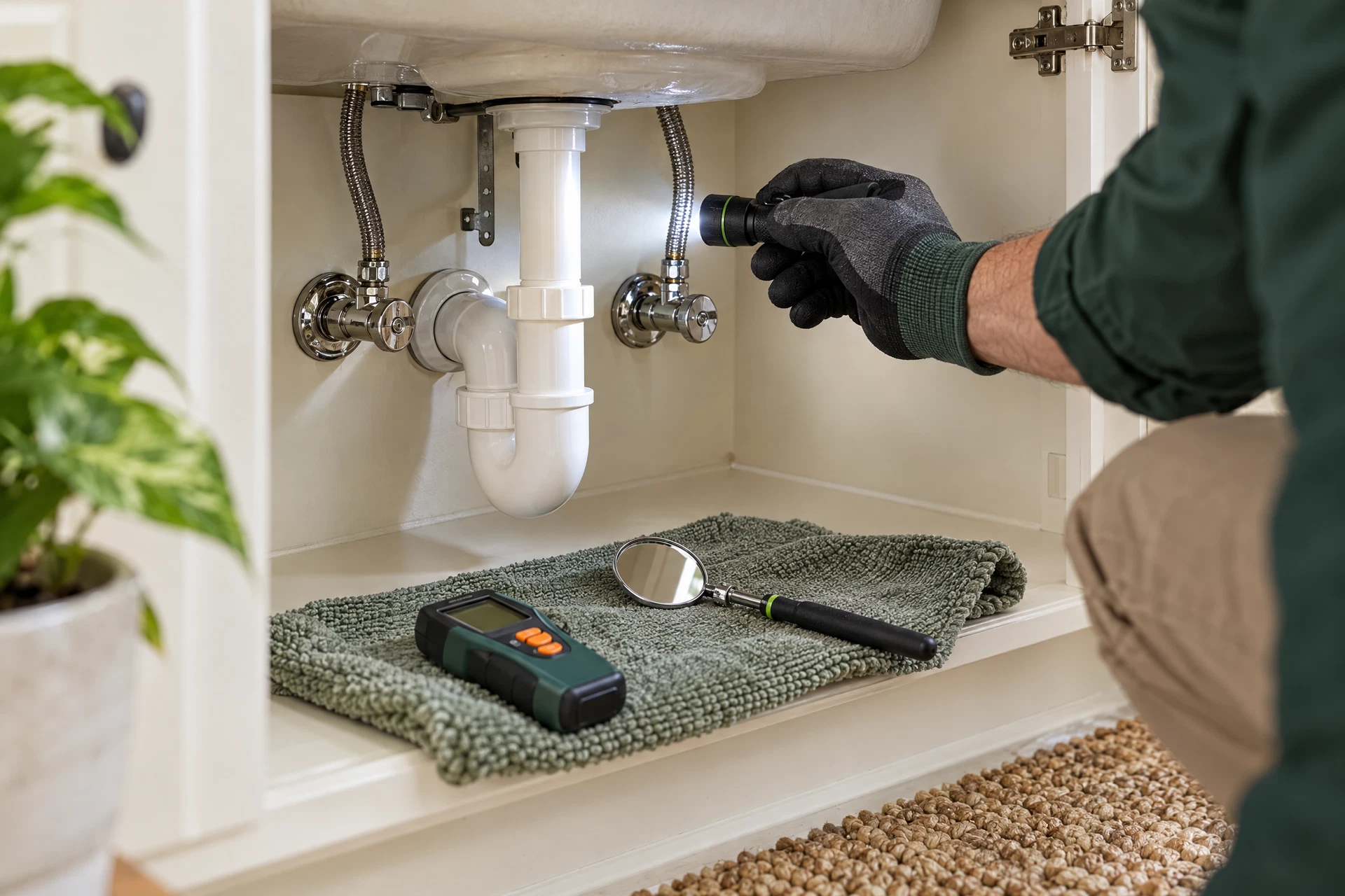 Photorealistic under-sink plumbing inspection with connected shutoff valves, P-trap, and professional tools, illustrating the value of hiring a licensed plumber.