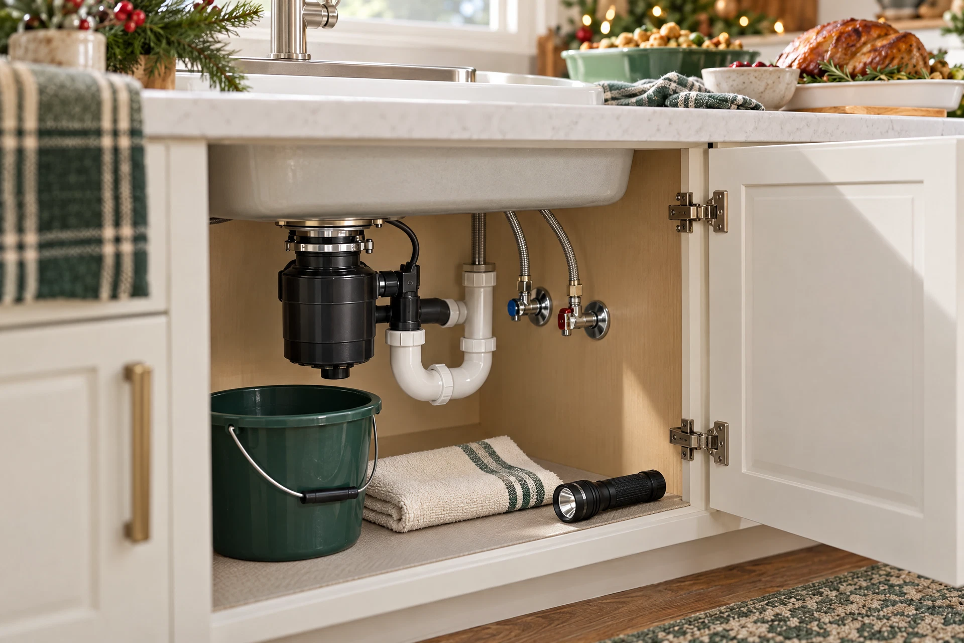 Photorealistic pre-holiday kitchen plumbing inspection scene showing a connected garbage disposal, shutoff valves, drain trap, drain screen, bucket, towel, and flashlight in a clean under-sink cabinet.