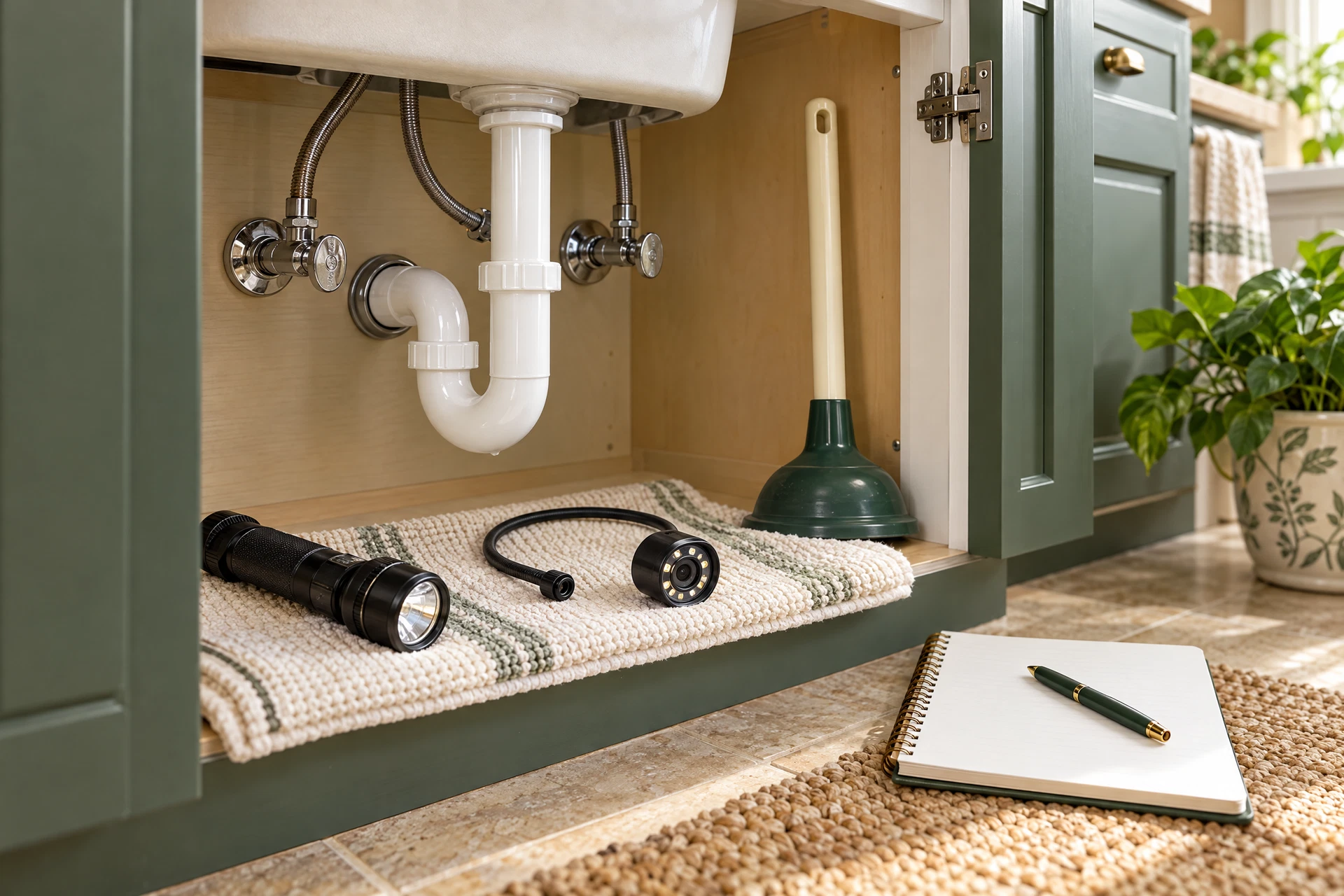Photorealistic under-sink plumbing inspection scene with accessible shutoff valves, a flange plunger, flashlight, and detached drain inspection equipment for a homeowner maintenance guide.