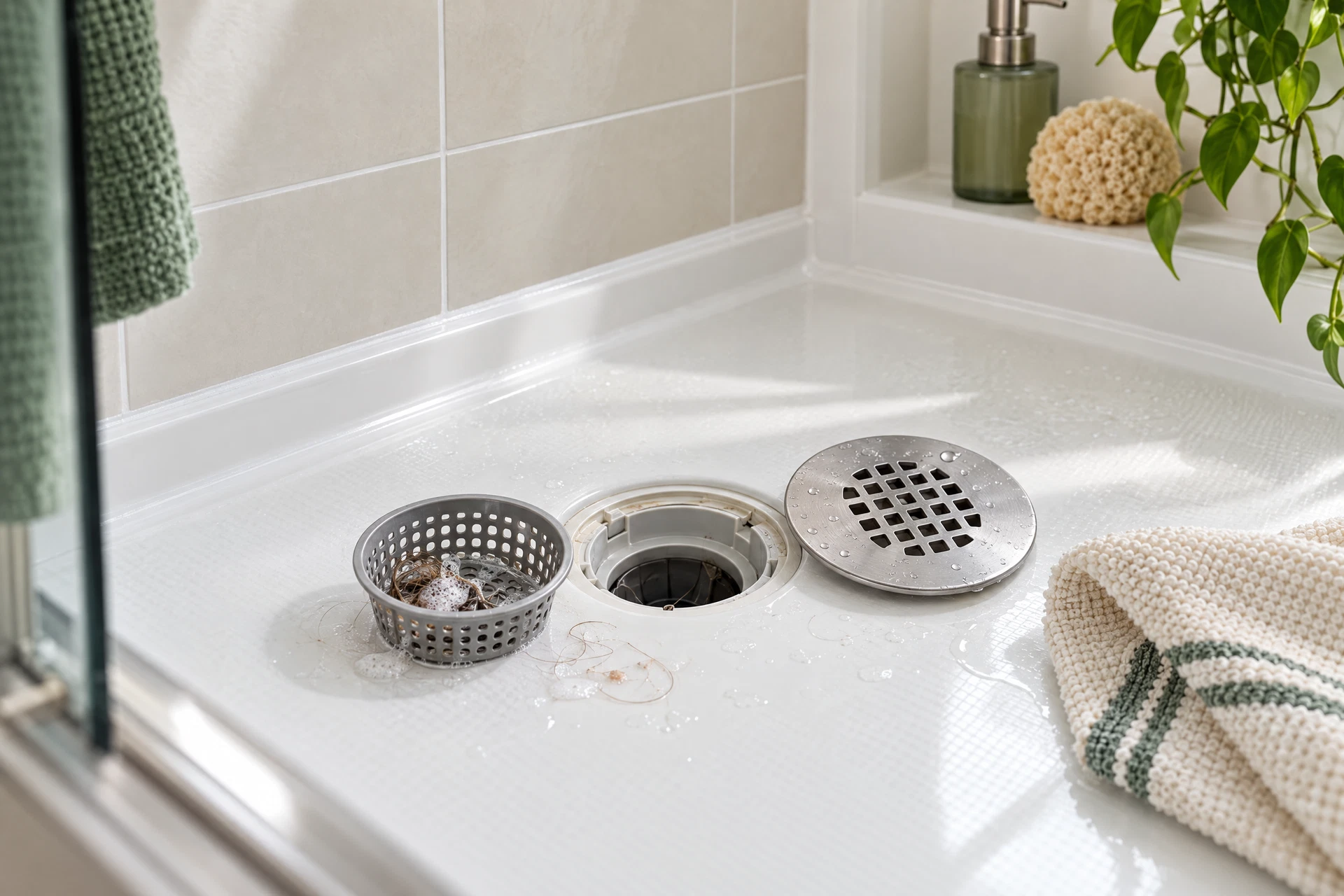 Photorealistic close view of a shower drain cover and removable hair-catching screen being inspected on a clean white shower base, with nearby grout and silicone seams visible.