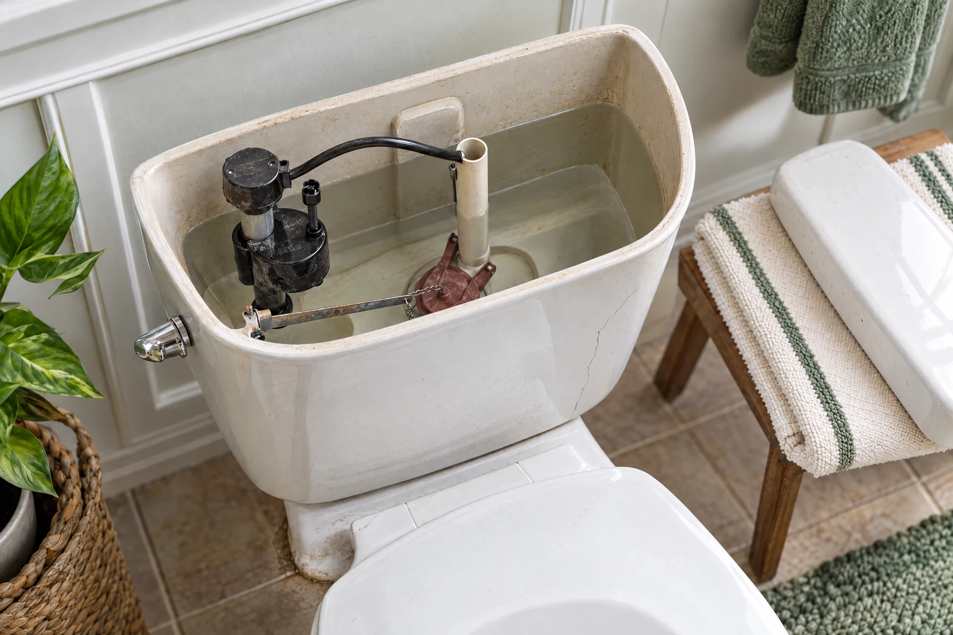 Photorealistic close-up of an older toilet with a hairline porcelain crack, a contained damp ring at its base, and worn tank parts visible during inspection.