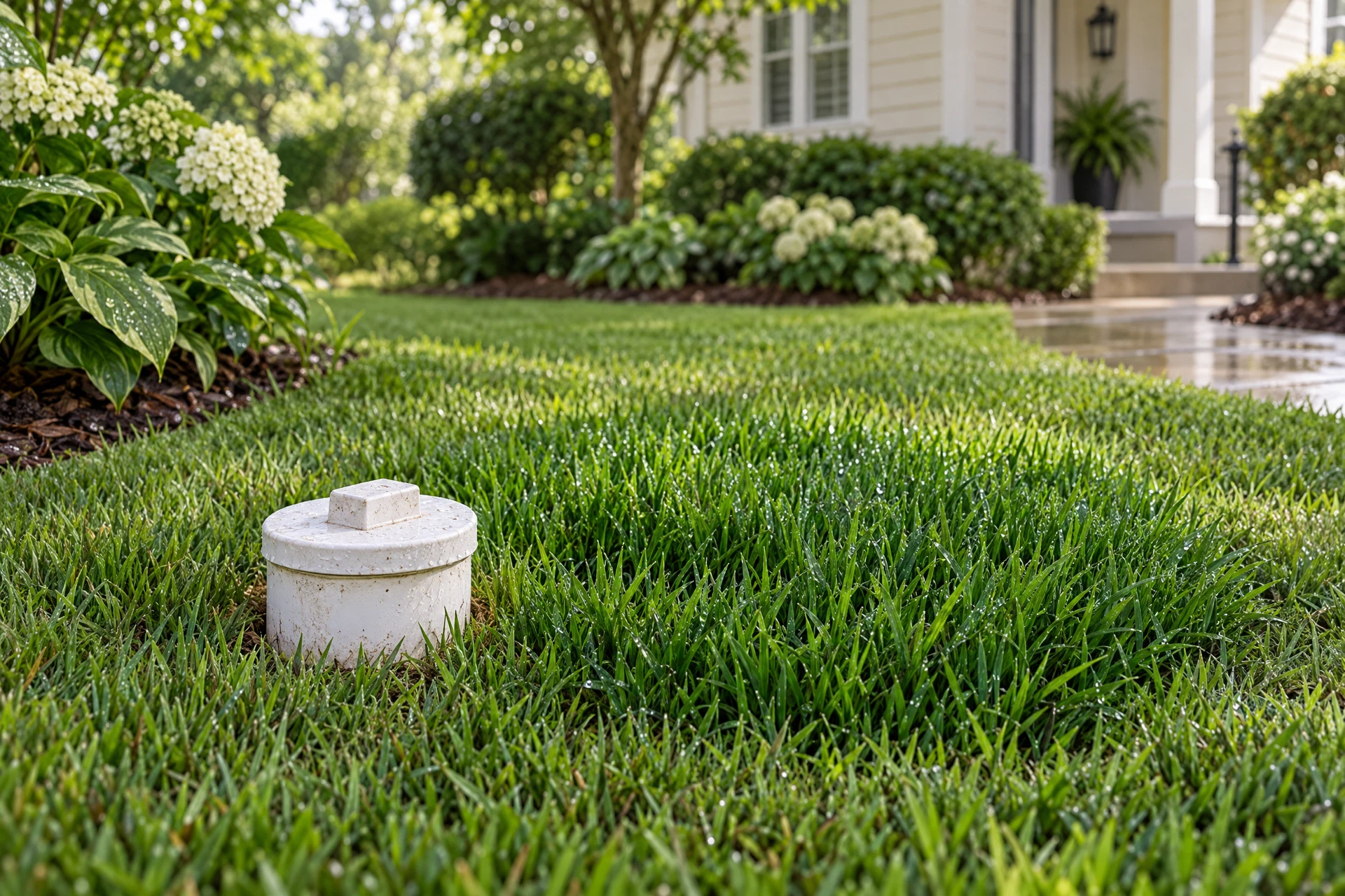 Photorealistic Oregon summer yard with a closed sewer cleanout beside an unusually lush damp patch of grass, an early warning sign of a possible sewer problem.