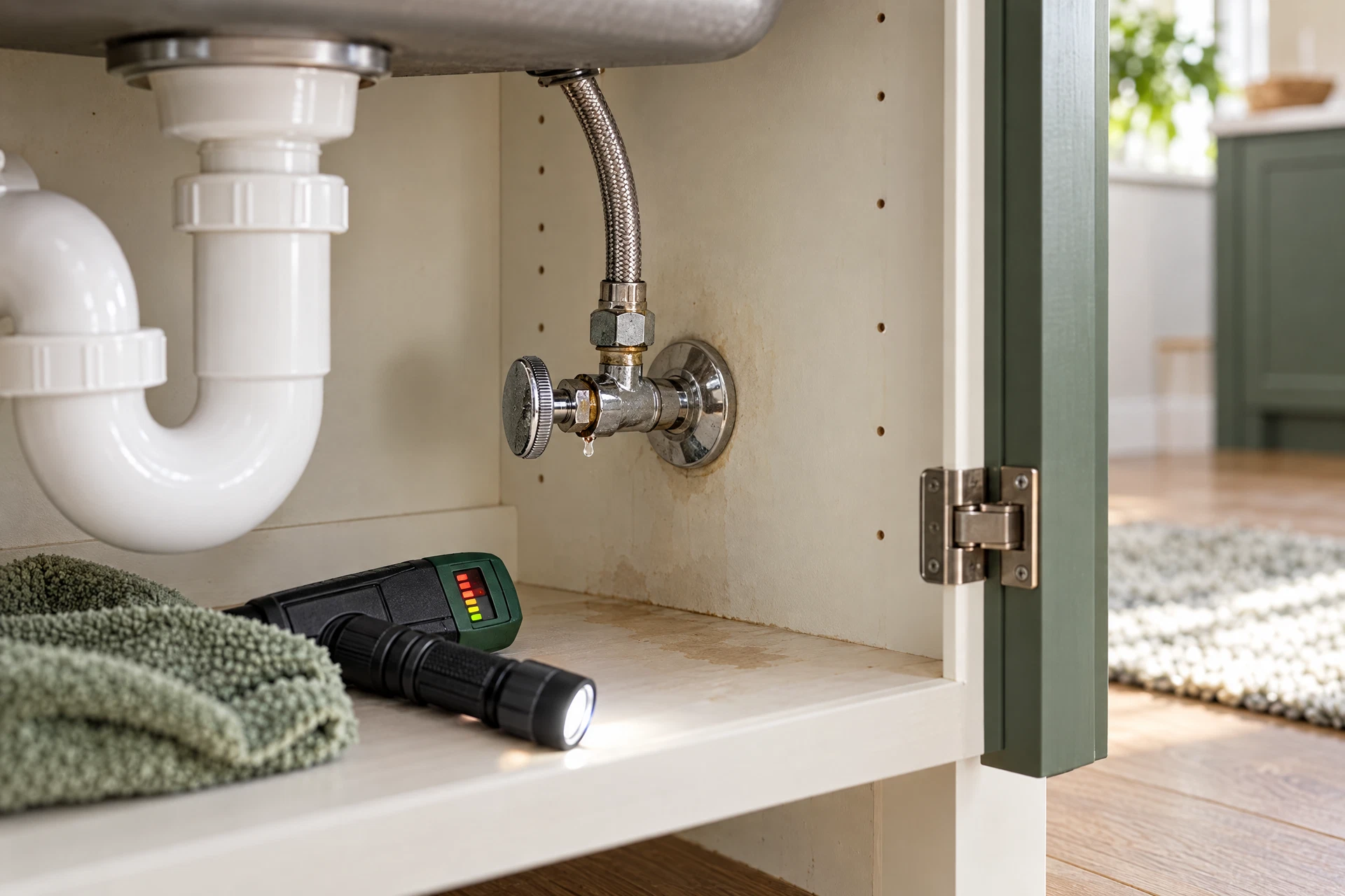 Photorealistic close-up of a small leak forming at an aging under-sink shutoff connection, with a subtle damp cabinet mark, moisture meter, and flashlight suggesting an early plumbing warning sign.