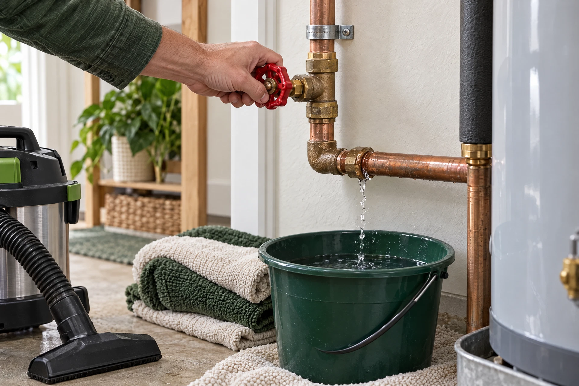 A hand turns a home water shutoff valve beside a contained leak, bucket, towels, and wet vacuum in a bright utility room.
